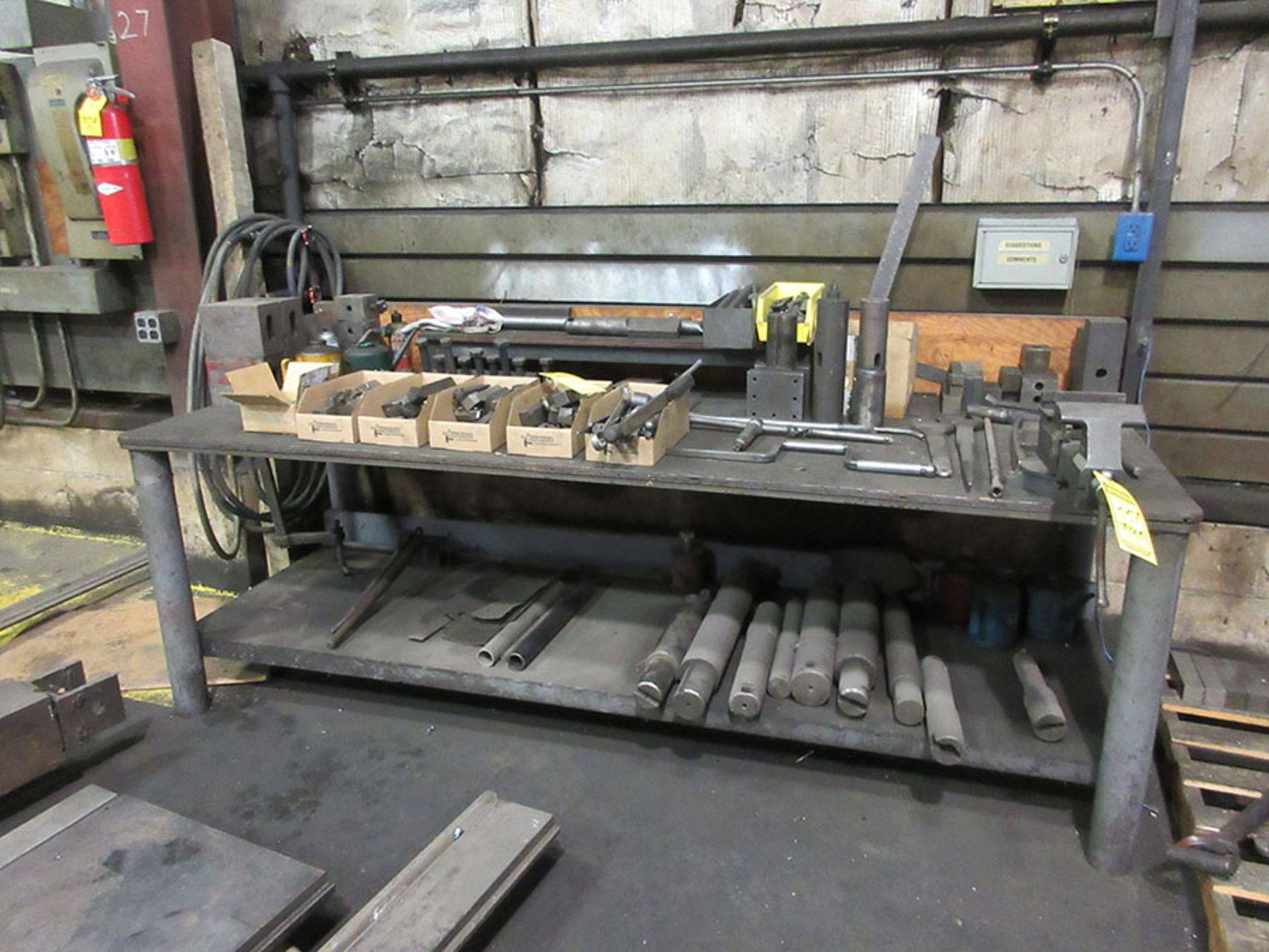 ASSORTED TOOLING ON TABLE & PALLET; BORING BARS, TOOL HOLDERS, AND HOLD DOWNS