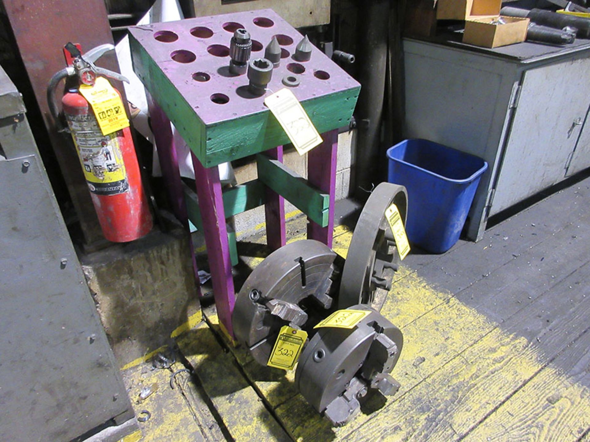 FACE PLATE, 12'' 4-JAW CHUCK, 16'' 4-JAW CHUCK, STEADY REST & CABINET WITH LATHE TOOLING