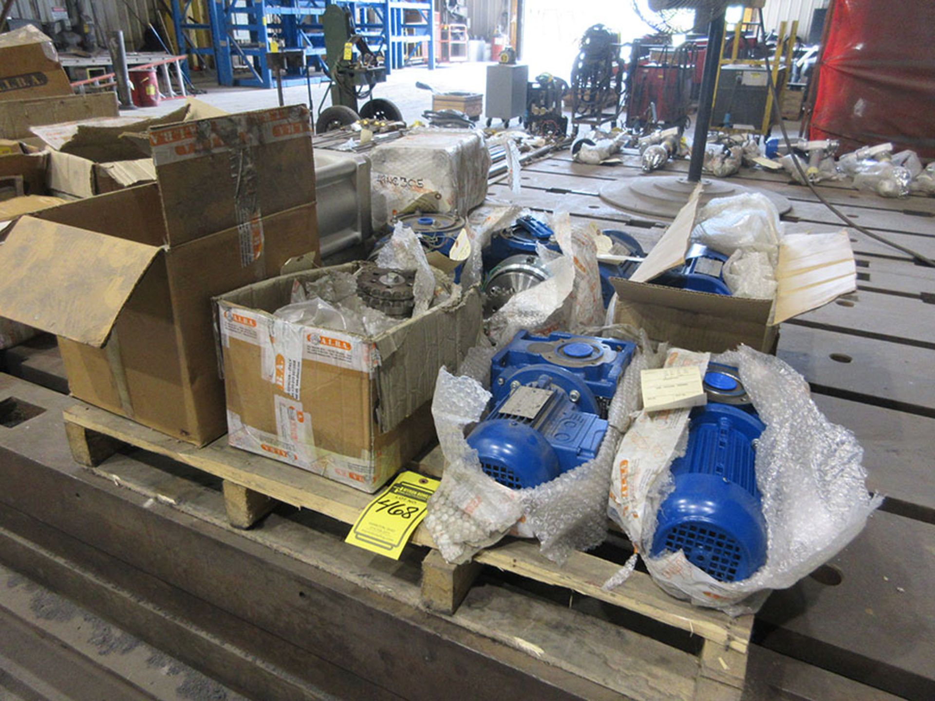 PALLET OF (NEW) A.L.B.A. COMPONENTS; GEAR DRIVES, OXYCAR DRIVE ASSEMBLY, PNEUMATIC CLAMP CYLINDERS