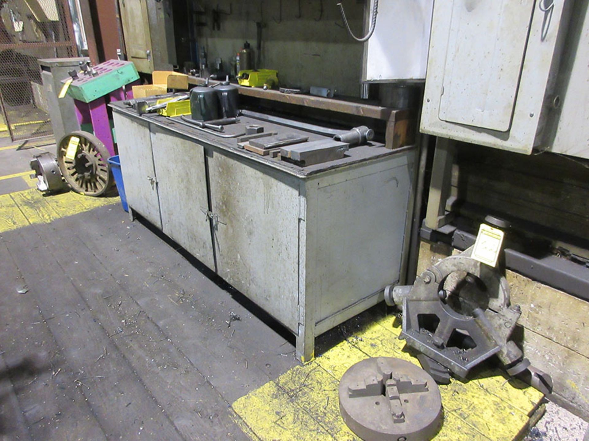 FACE PLATE, 12'' 4-JAW CHUCK, 16'' 4-JAW CHUCK, STEADY REST & CABINET WITH LATHE TOOLING - Image 2 of 2