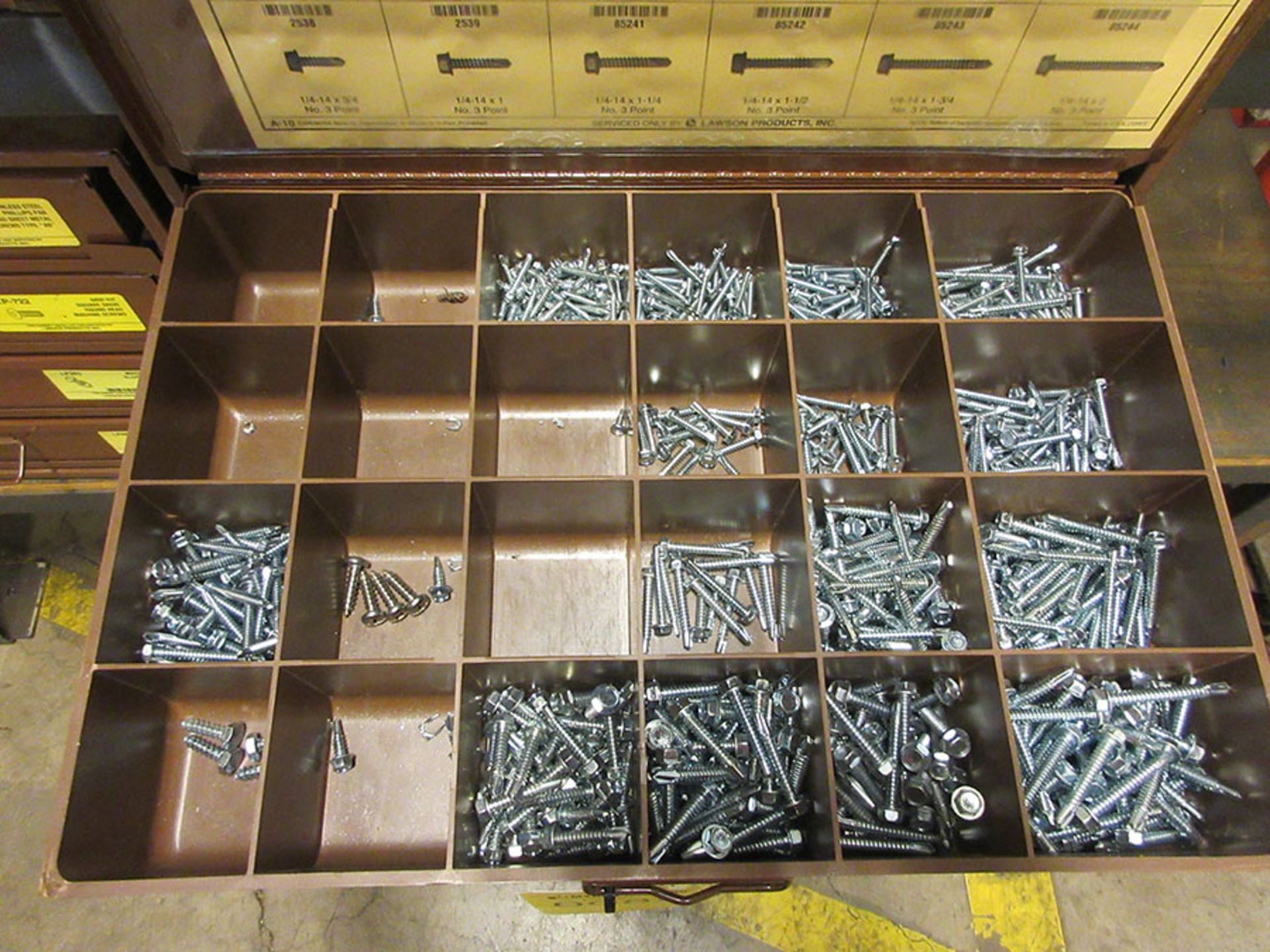 LAWSON PRODUCTS SMALL PARTS BIN WITH CONTENTS; BRASS FITTINGS & HEXHEAD SELF TAPPING SCREWS - Image 3 of 3