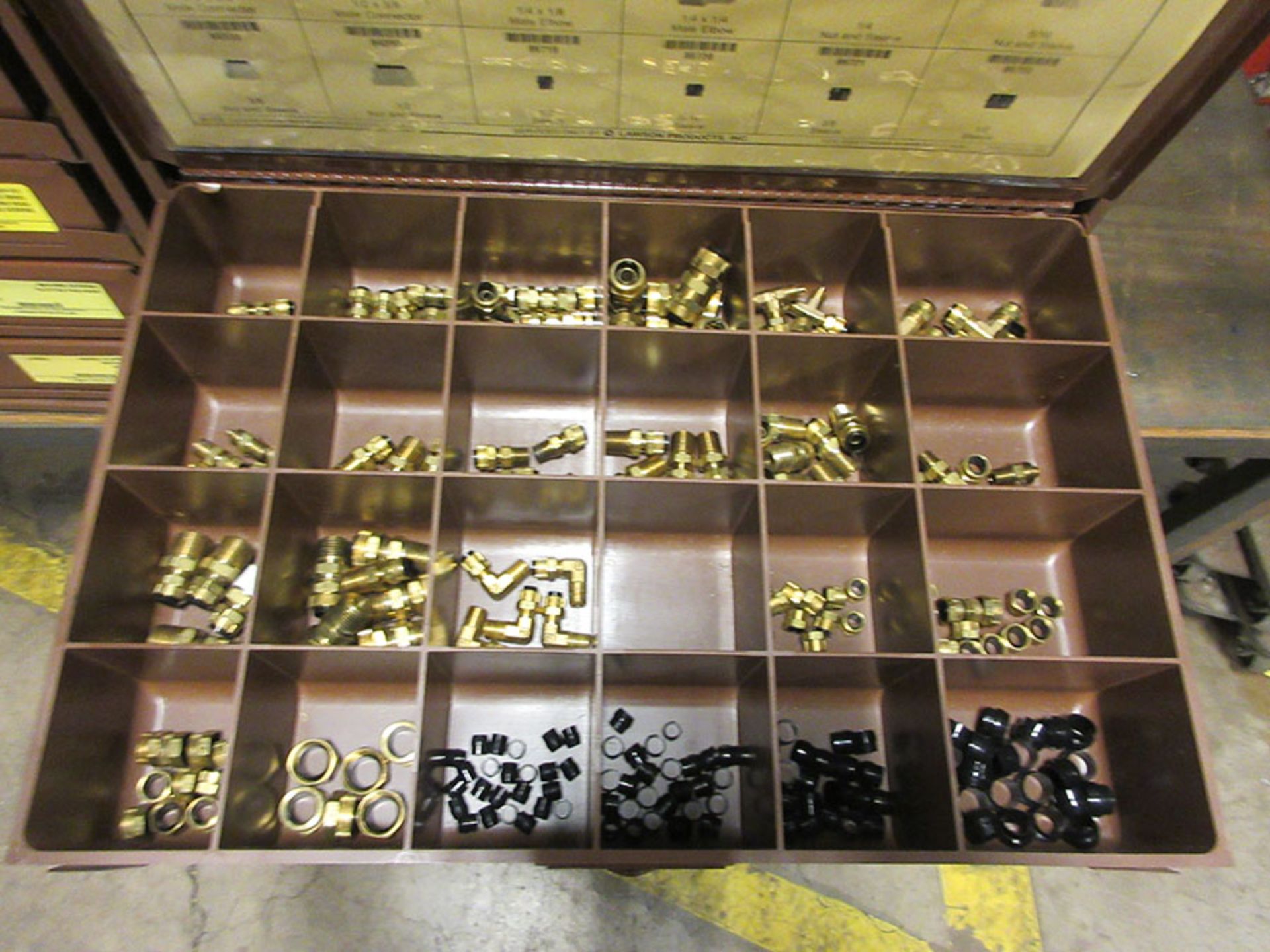 LAWSON PRODUCTS SMALL PARTS BIN WITH CONTENTS; BRASS FITTINGS & HEXHEAD SELF TAPPING SCREWS - Image 2 of 3