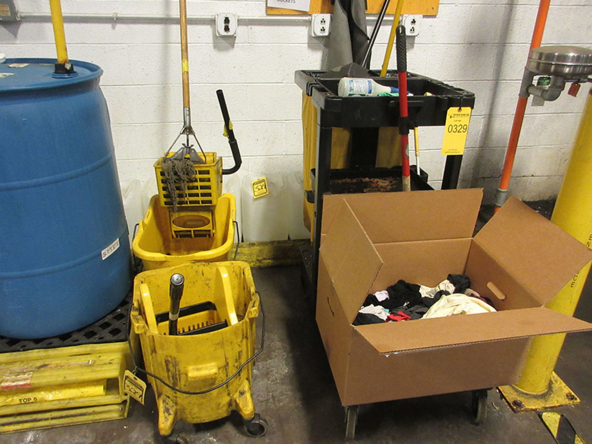 JANITOR CART, MOP BUCKET, AND CONTAINERS