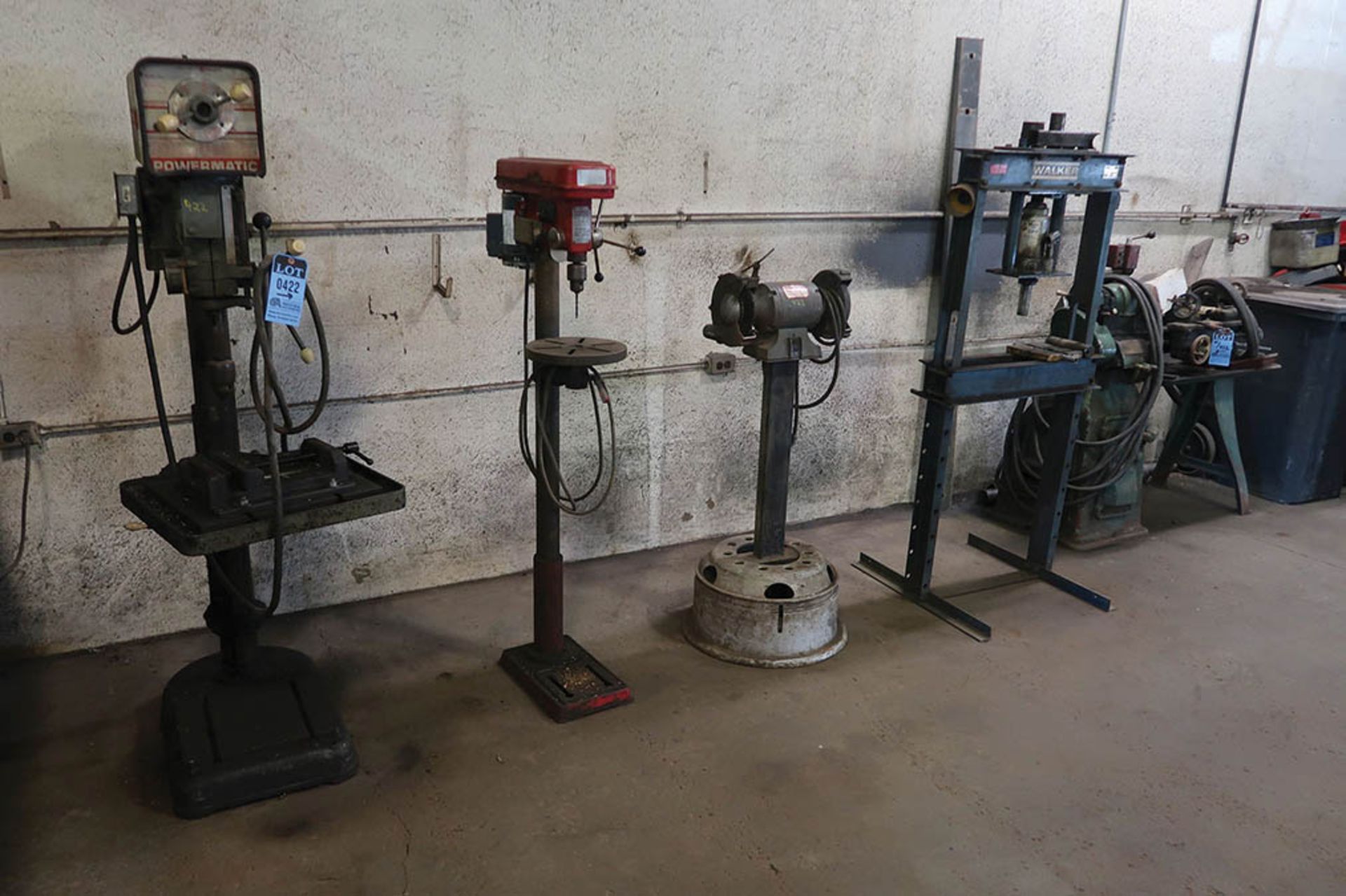 MISC. SHOP EQUIPMENT INCLUDING (2) DRILL PRESSES, DE GRINDER, 15-TON H-FRAME HYDRAULIC PRESS, 6''