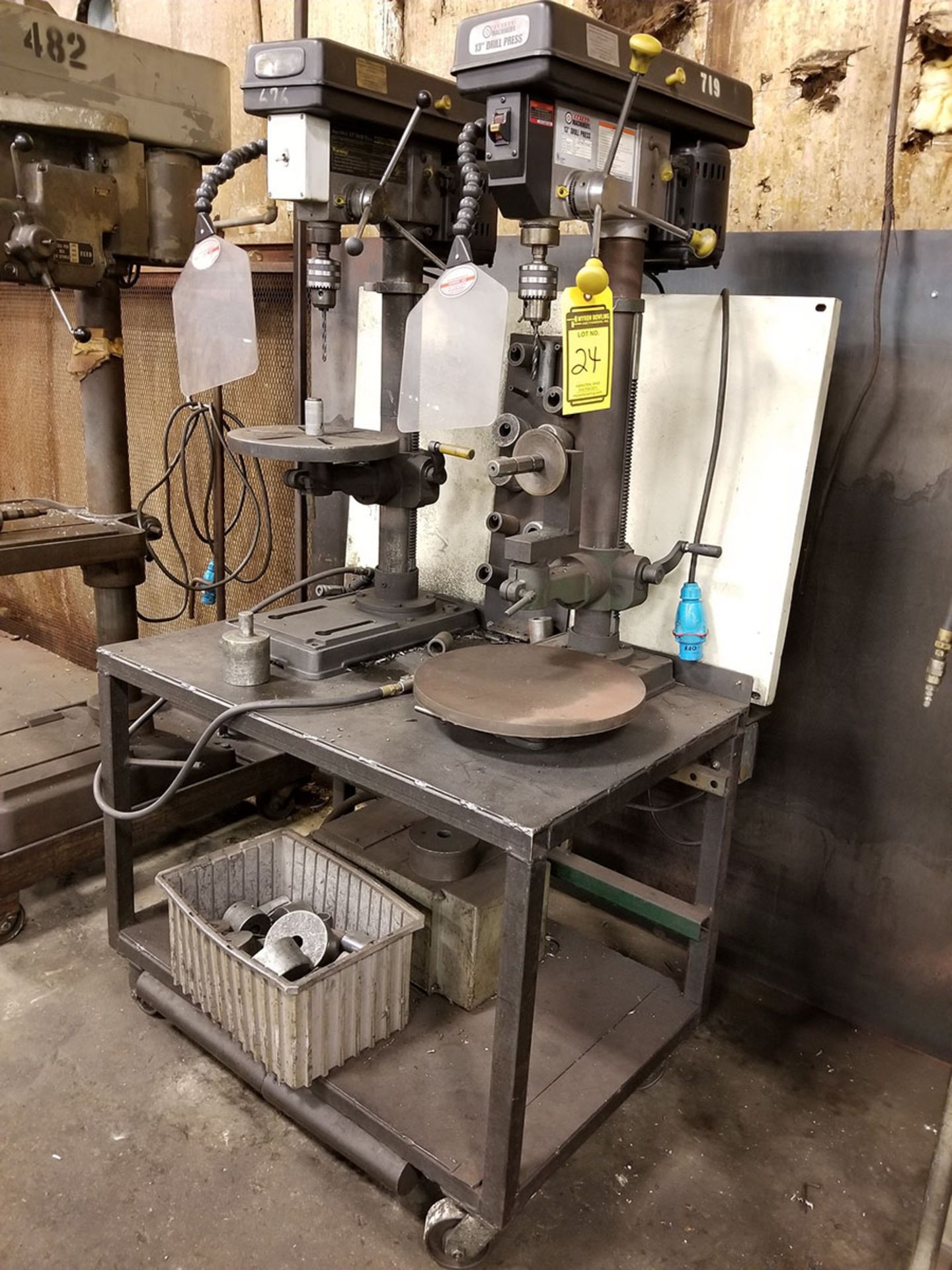 ROLLING DUAL VERTICAL DRILL PRESS TABLE WITH (2) CENTRAL MACHINERY BENCH TOP 13’‘ DRILL PRESSES, 7/
