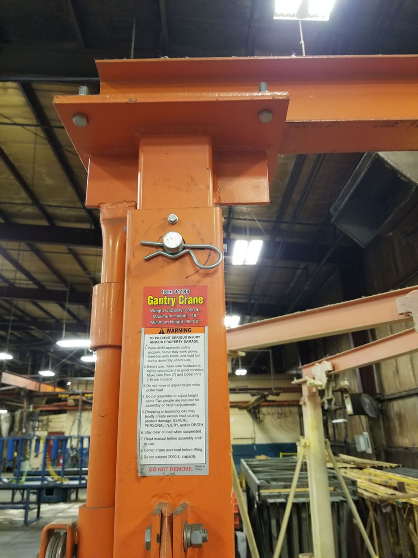 2,000 LB. ROLLING GANTRY CRANE, 99 1/2’‘ MINIMUM HEIGHT, 148’‘ MAX HEIGHT, 94’‘ OPENING - Image 3 of 4