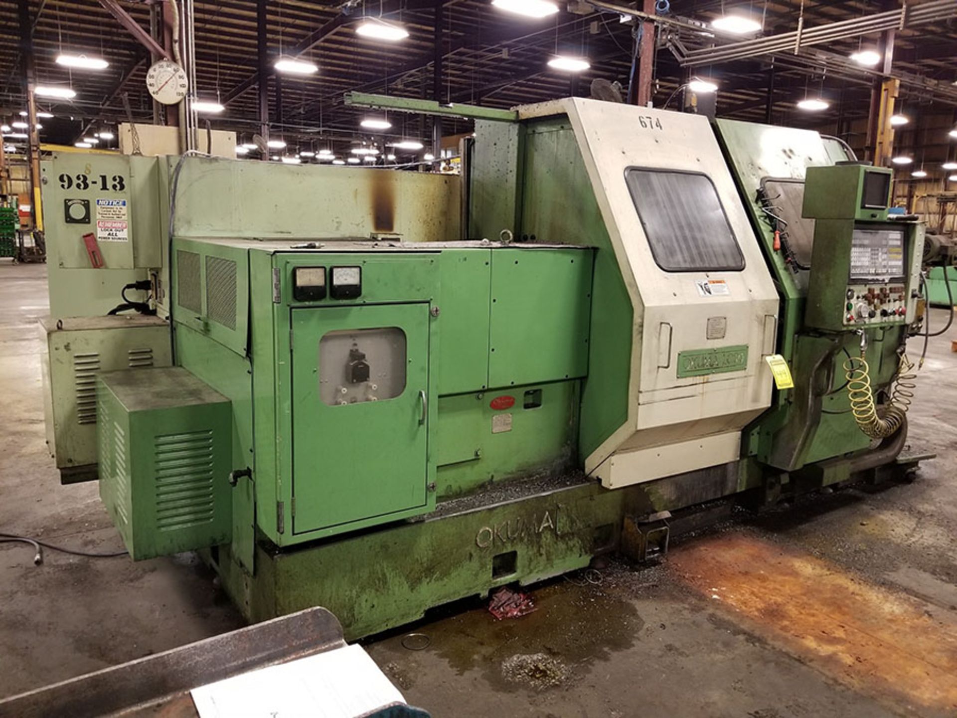 OKUMA LC-30 CNC LATHE, S/N 0319, 8 & 7-TOOL POSITION TURRETS, OUTFEED CHIP CONVEYOR - Image 5 of 16
