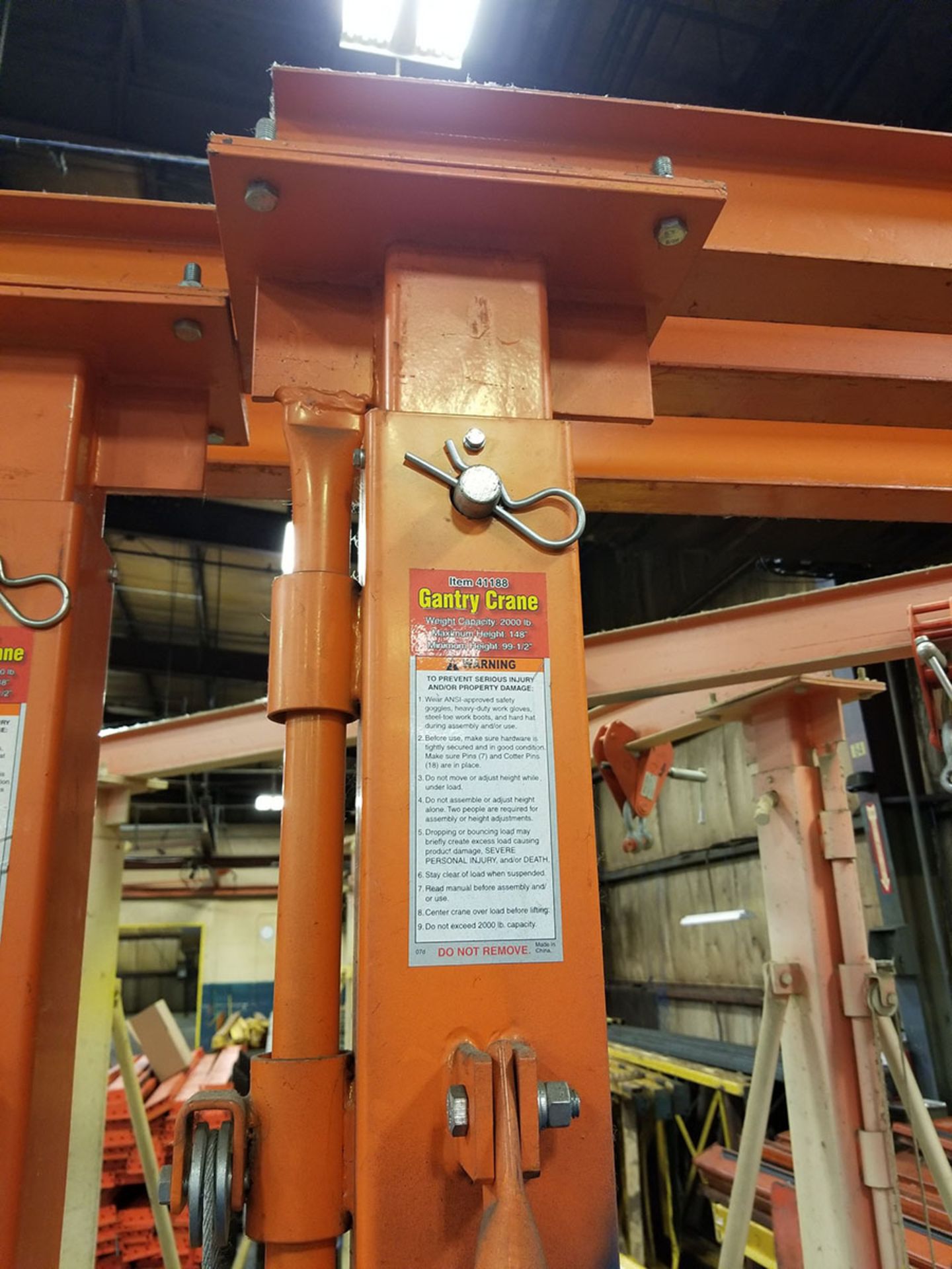 2,000 LB. ROLLING GANTRY CRANE, 99 1/2’‘ MINIMUM HEIGHT, 148’‘ MAX HEIGHT, 94’‘ OPENING WITH BEAM - Image 4 of 6