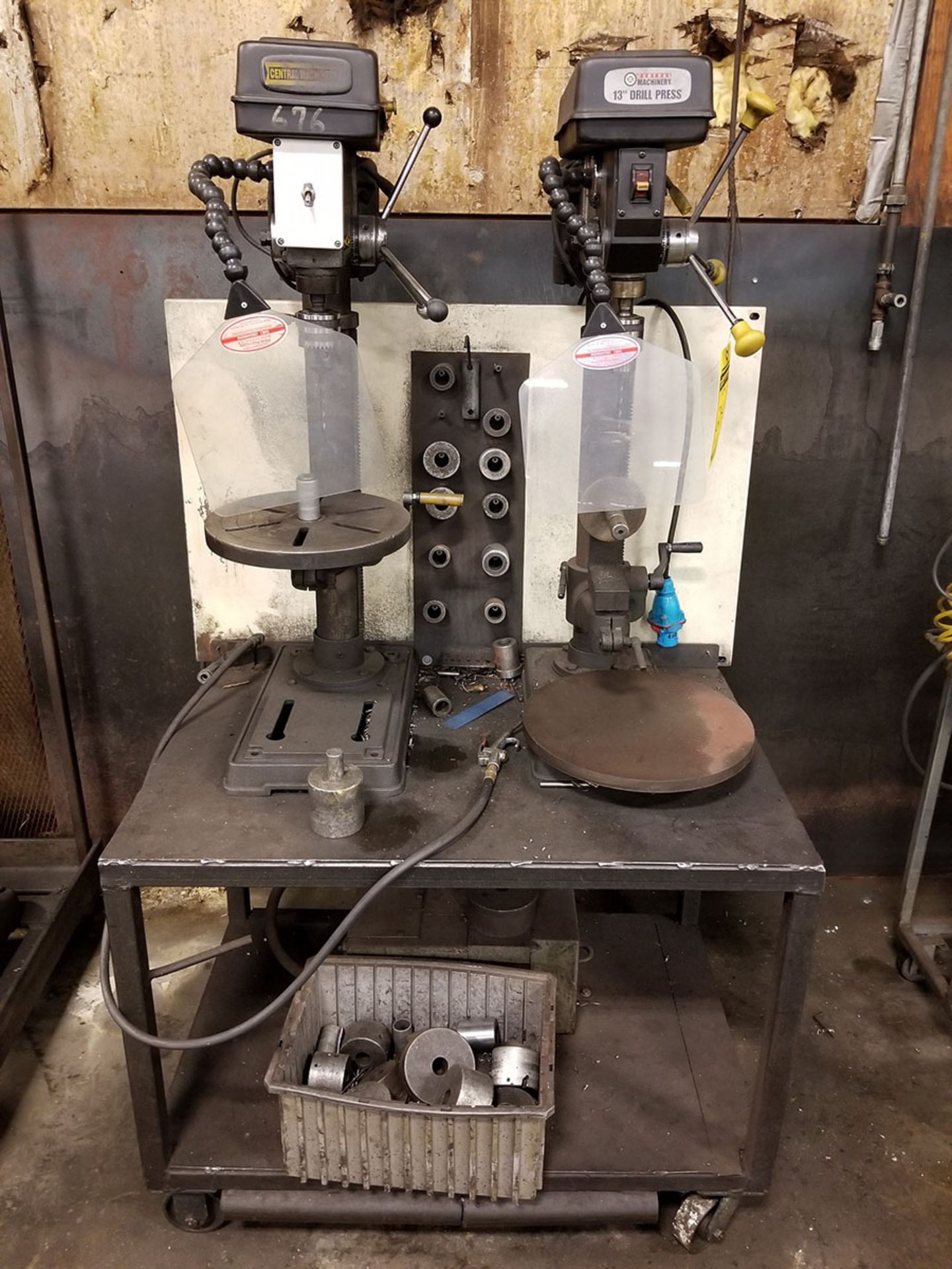 ROLLING DUAL VERTICAL DRILL PRESS TABLE WITH (2) CENTRAL MACHINERY BENCH TOP 13’‘ DRILL PRESSES, 7/ - Image 2 of 8