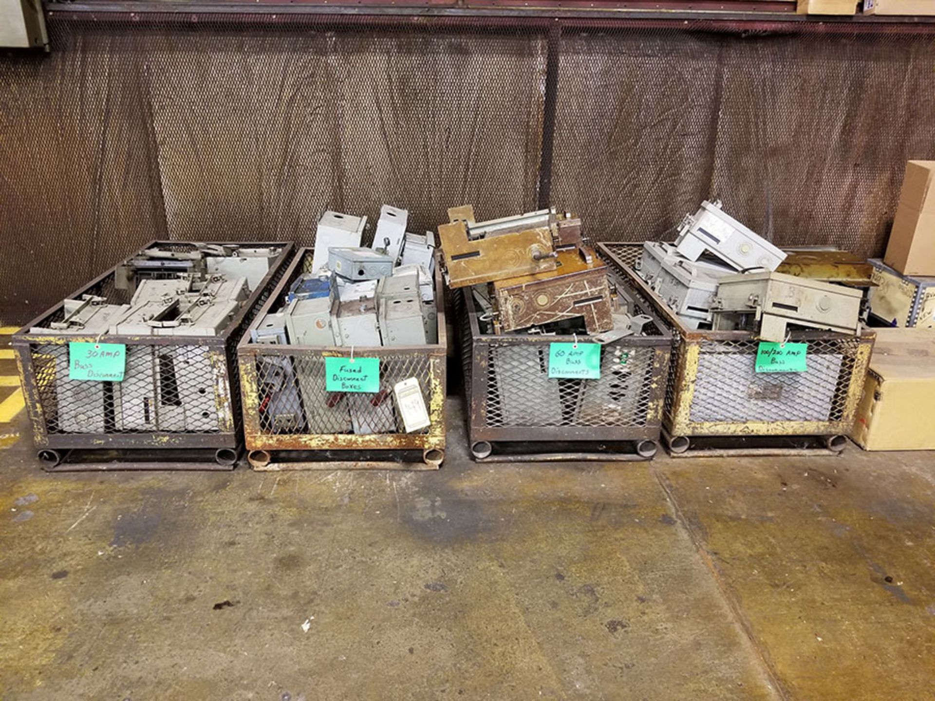 LOT OF ASSORTED ELECTRICAL BOXES AND BUCKETS AND PALLET OF FUSES