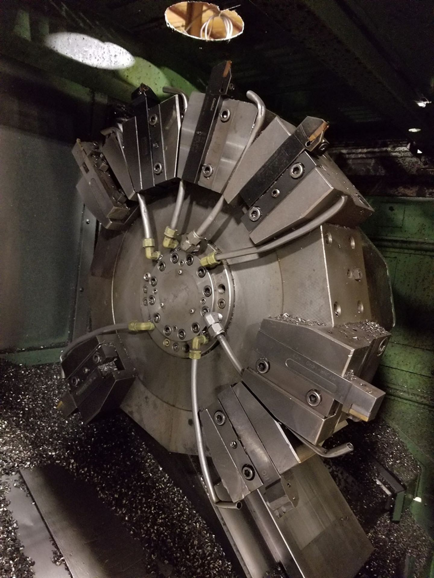 OKUMA LC-30 CNC LATHE, S/N 0319, 8 & 7-TOOL POSITION TURRETS, OUTFEED CHIP CONVEYOR - Image 9 of 16