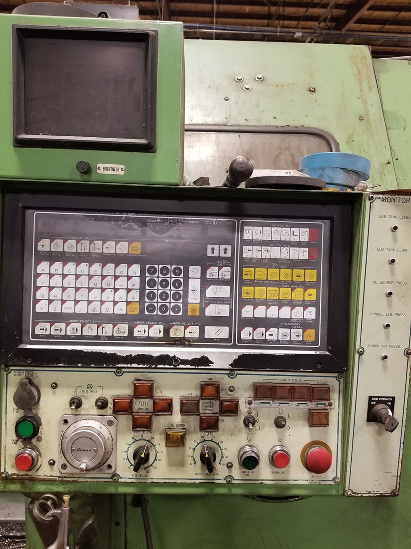 OKUMA LC-30 CNC LATHE, S/N 0319, 8 & 7-TOOL POSITION TURRETS, OUTFEED CHIP CONVEYOR - Image 12 of 16