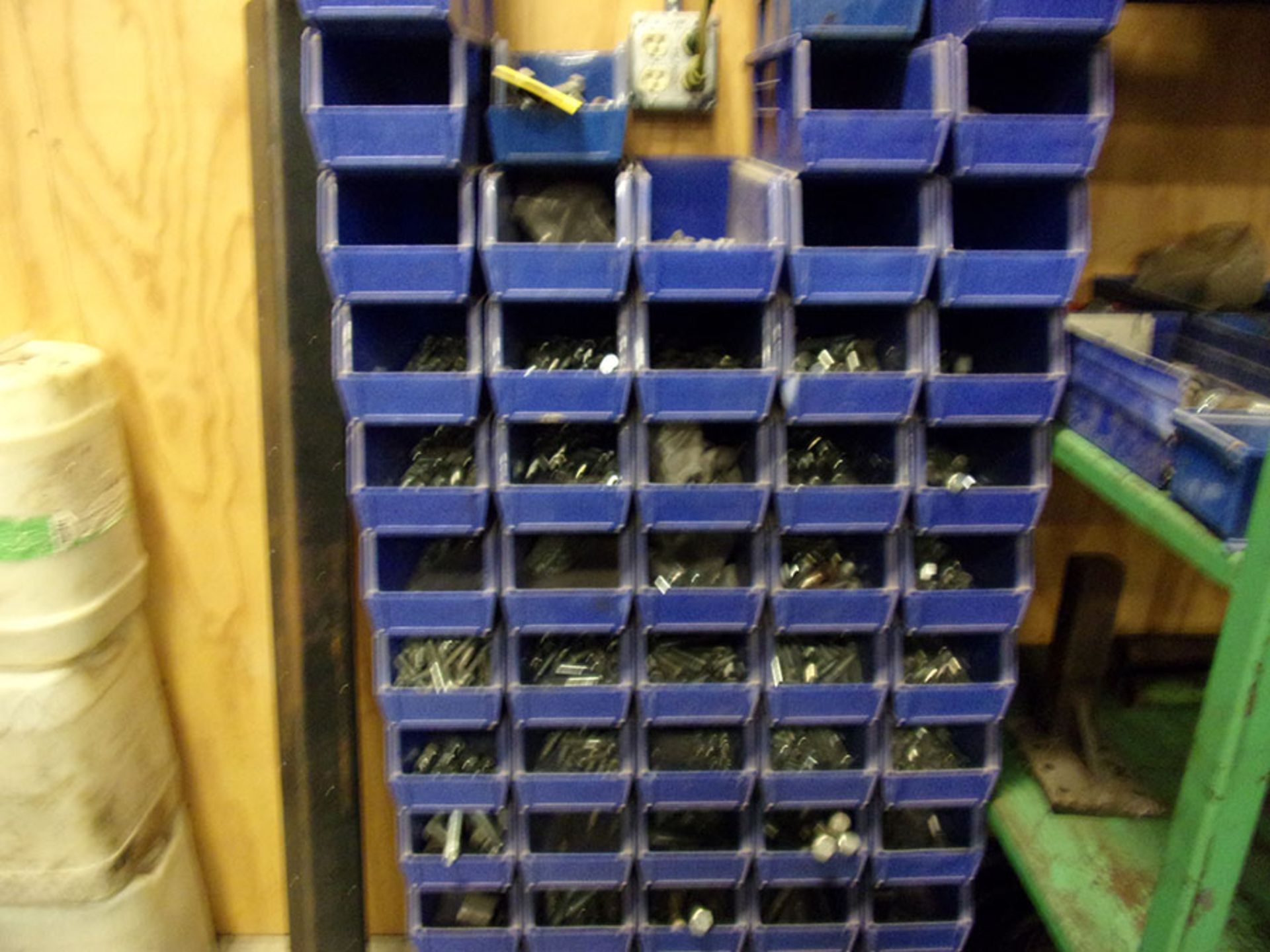 PLASTIC NUT & BOLT BINS WITH CONTENTS; BOLTS, WASHER, NUTS