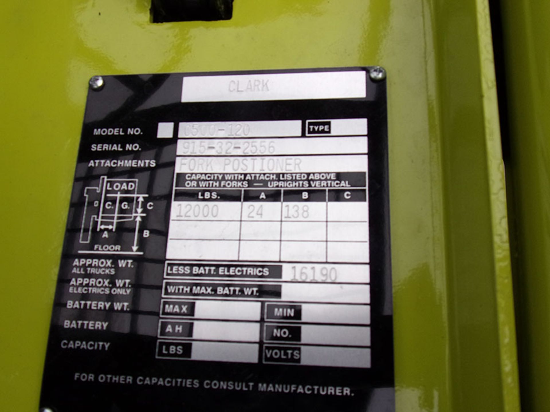 CLARK 12,000 LB. CAPACITY GAS FORKLIFT, MODEL C500-120, S/N 915-32-2556, 138'' LIFT, 6' FORKS WITH - Image 2 of 2