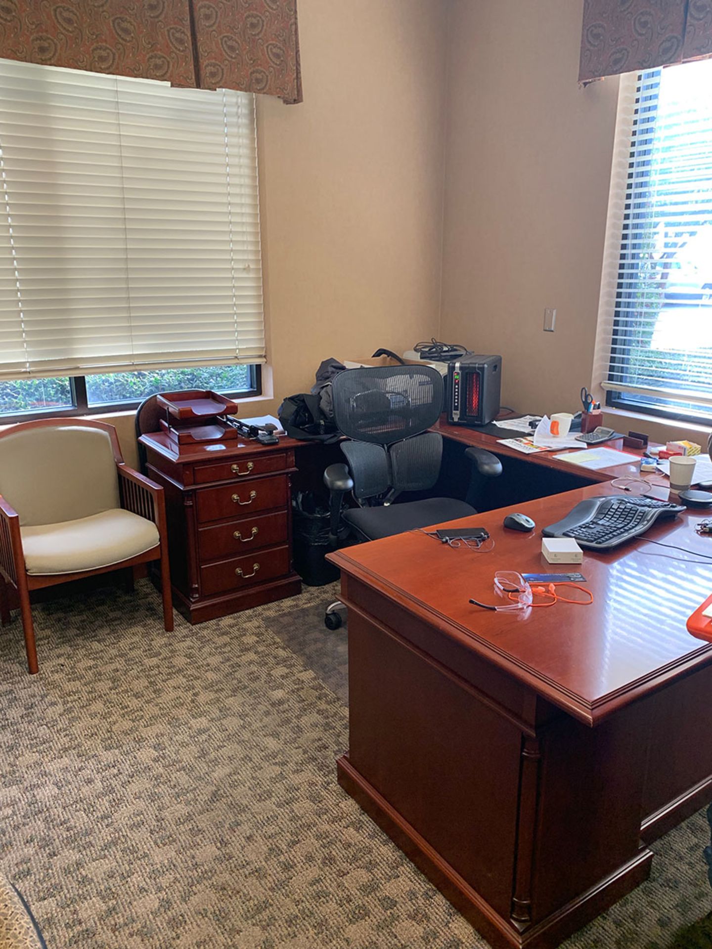 CONTENTS OF ROOM; DESK, LOVE SEAT, CHAIR, AND CABINET