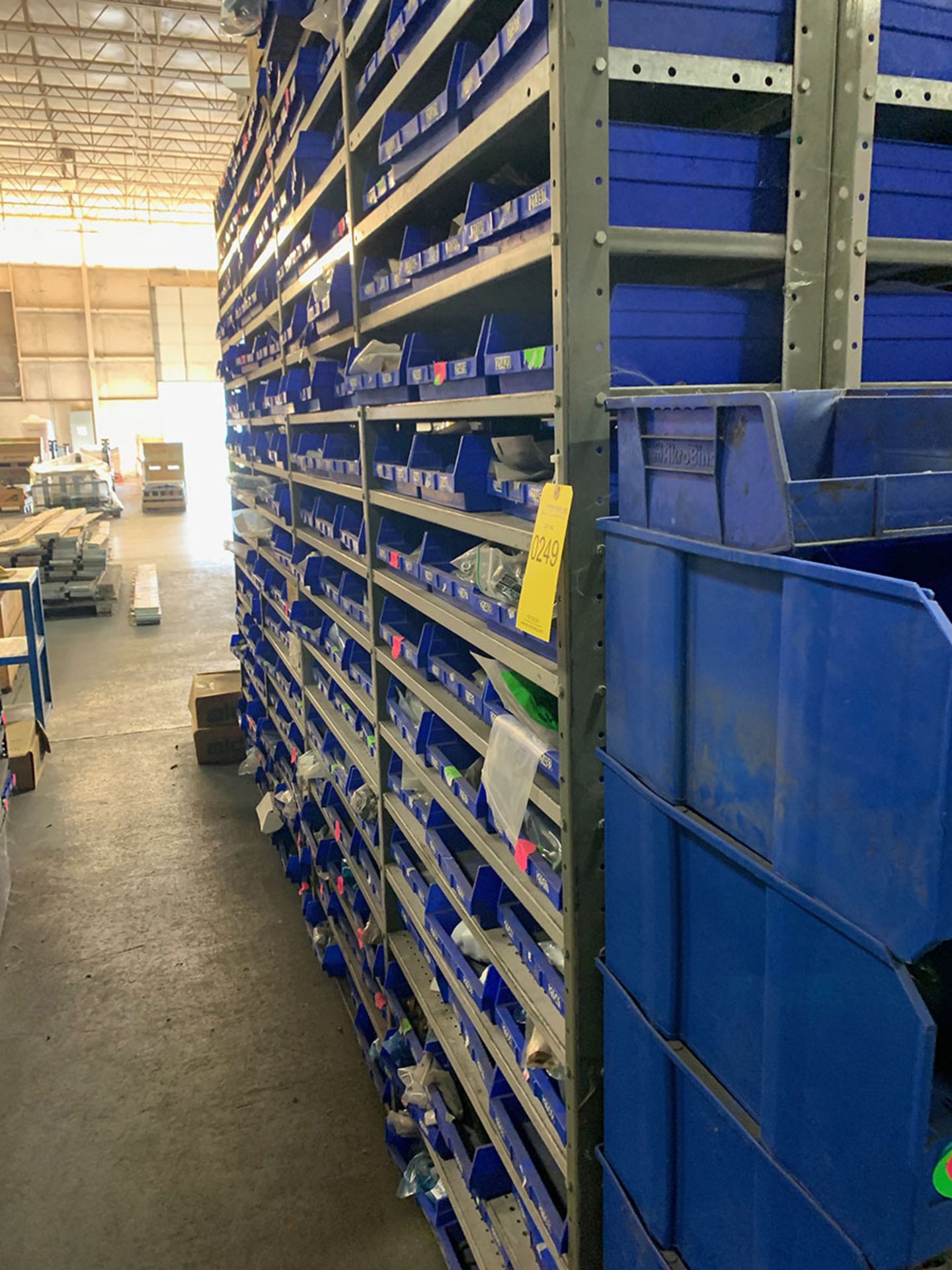 (30) SECTIONS OF METAL SHELVING; 18'' DEEP WITH PLASTIC TOTES & BLUEPRINT CABINETS