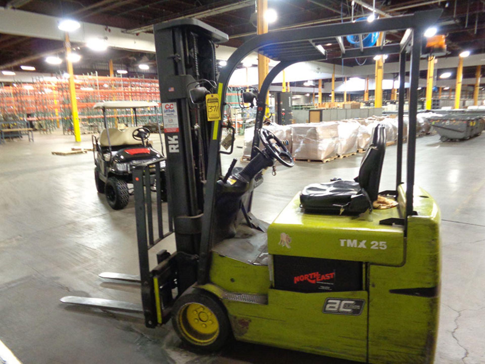 CLARK 3,700 LB. CAPACITY ELECTRIC FORKLIFT; MODEL TMX25, SIDESHIFT, FORK POSITIONER, 48'' FORKS,