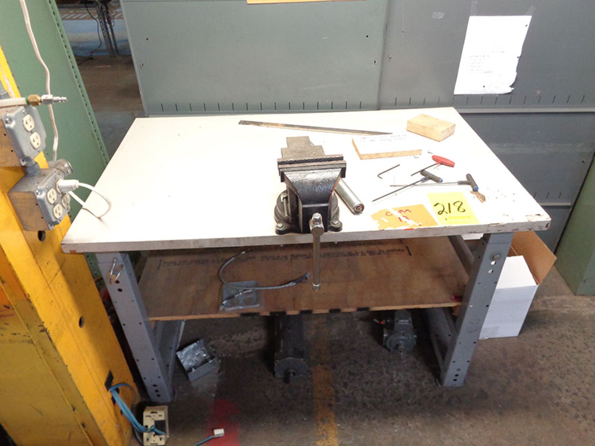 WORKBENCH WITH BESSEY 6'' BENCH VISE, CABINET WITH JIFFY PARTS, FLAMMABLE LIQUIDS STORAGE CABINET