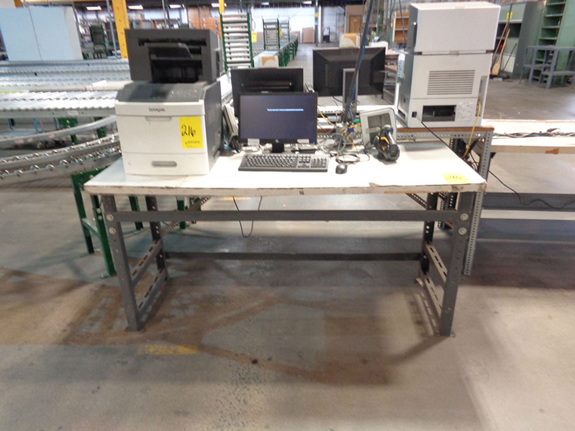 (3) WORKBENCHES, (2) LEXMARK PRINTERS, MONITORS, AND KEYBOARDS