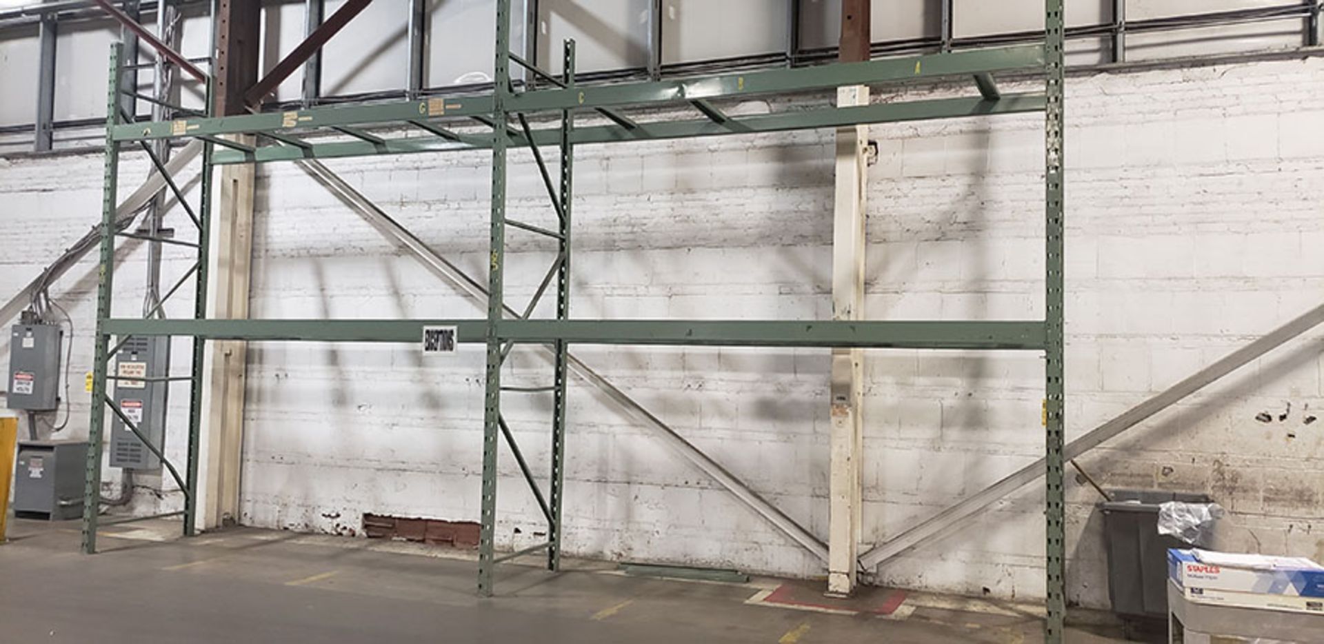 (2) SECTIONS OF TEARDROP STYLE PALLET RACK; (3) 14' X 42'' UPRIGHTS, (8) 12' X 5'' CROSSBEAMS