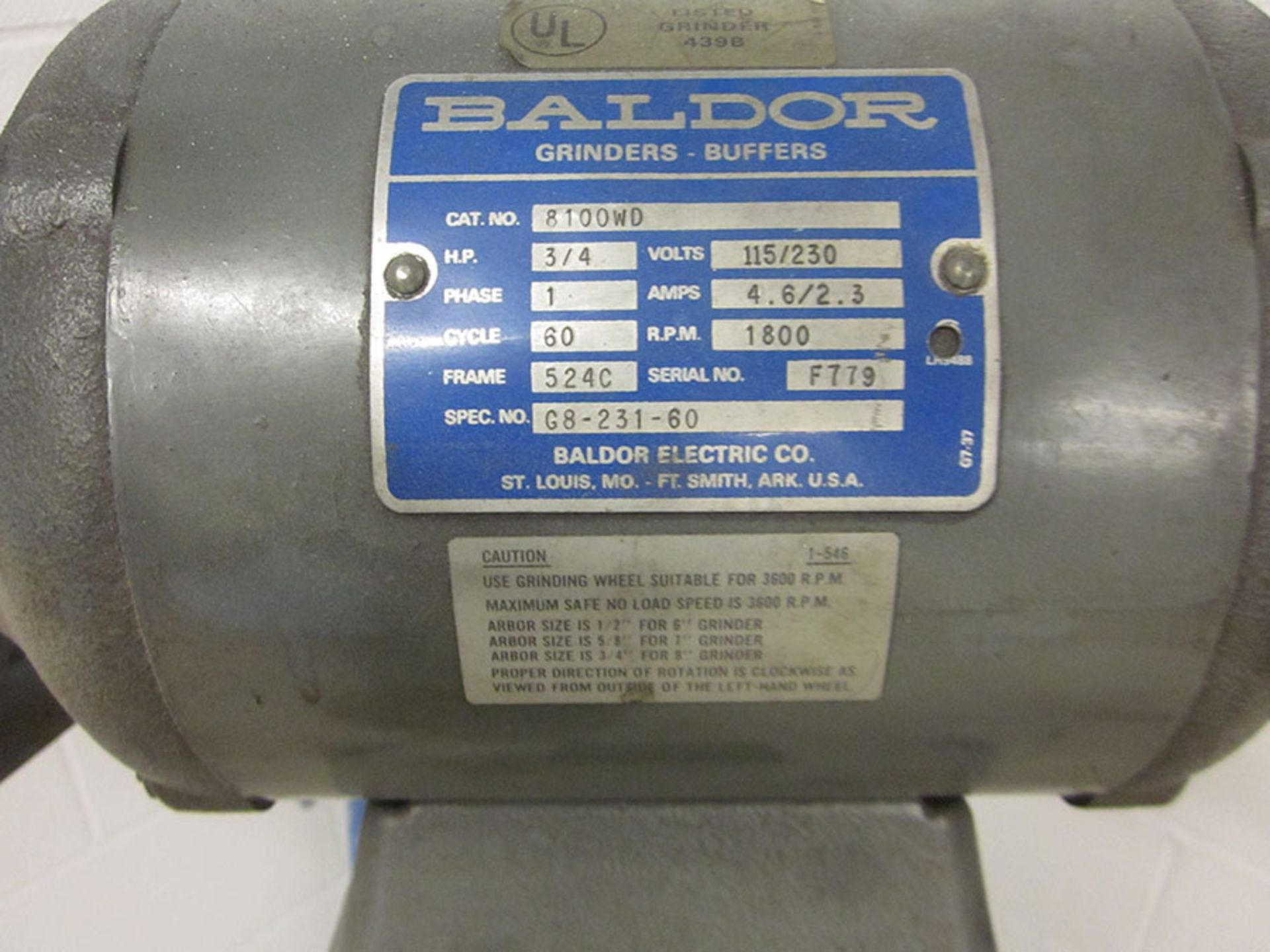 BALDOR 8'' DOUBLE END PEDESTAL GRINDER, 3/4 HP, 1,800 RPM, DEBRIS SHIELDS - Image 3 of 3