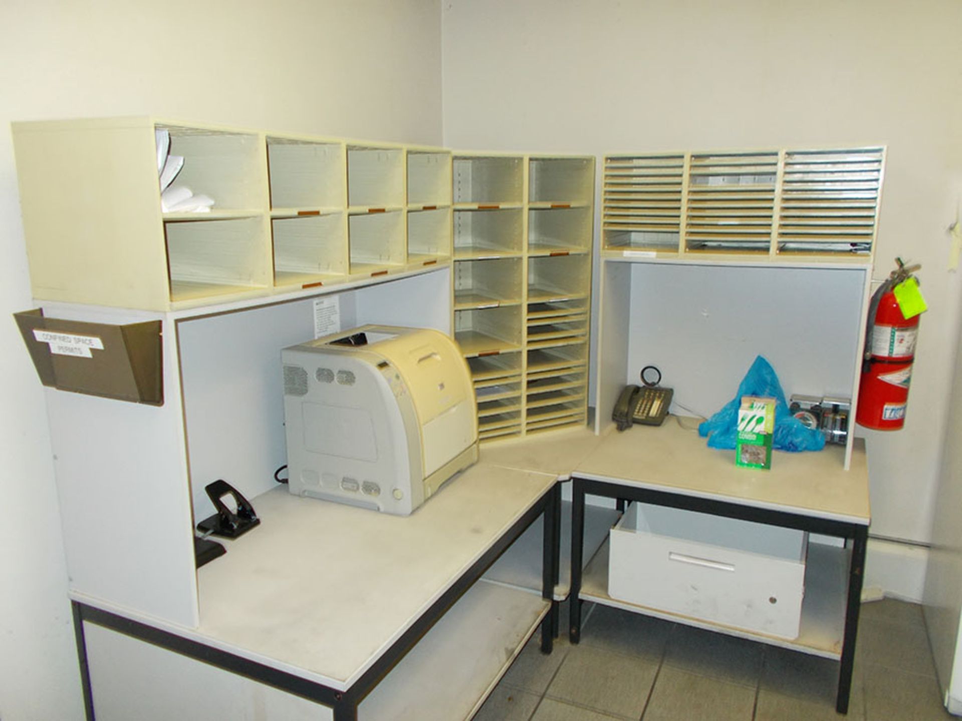 CONTENTS OF ROOM; CABINETS, TABLES, LASER PRINTER, REFRIGERATOR, AND MISC. ITEMS