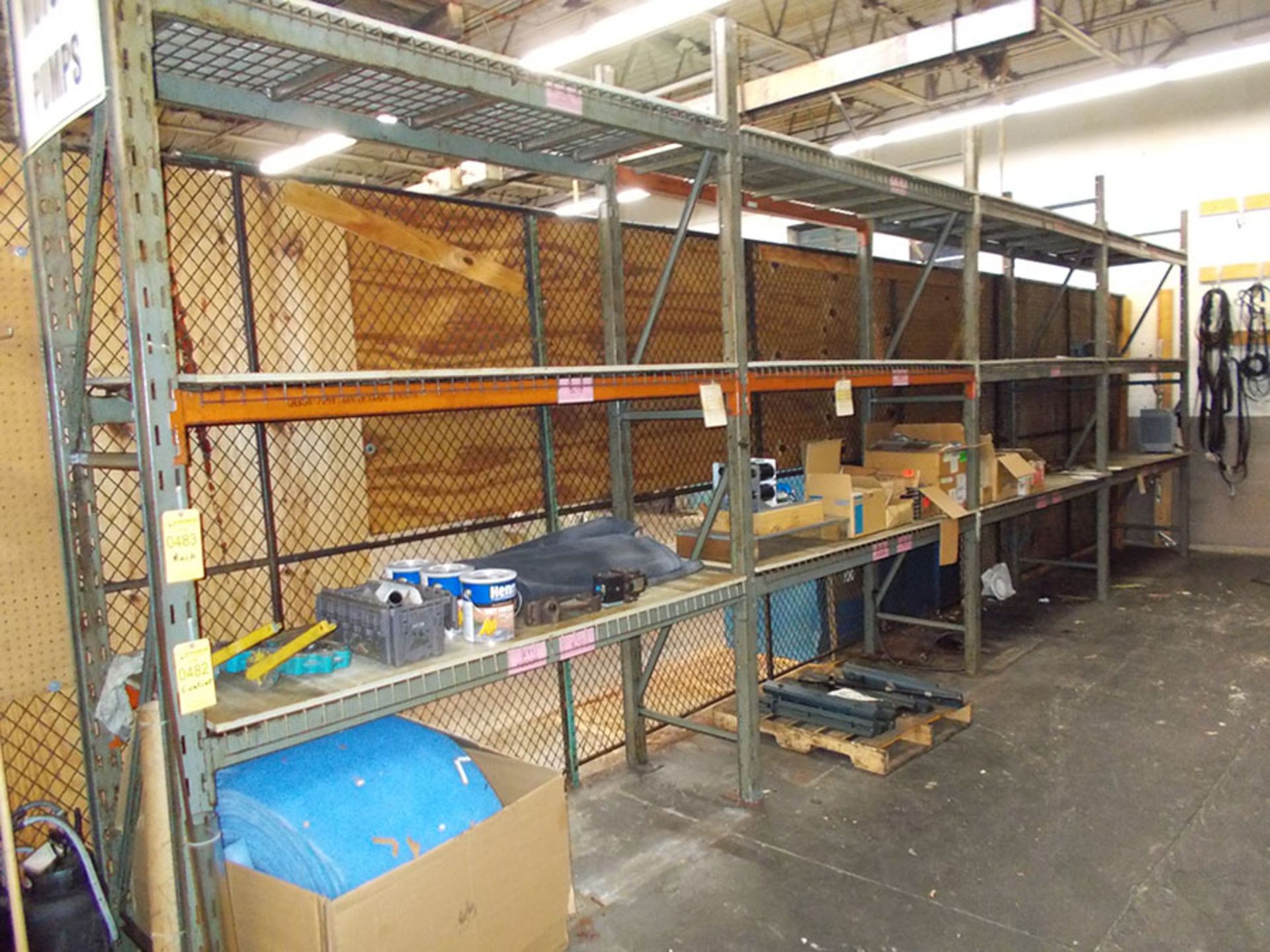 PALLET RACK; (5) 10' X 2' 4'' UPRIGHTS, (24) 7' X 3'' X 2'' CROSSBEAMS, WITH WIRE TRAY & PLYWOOD