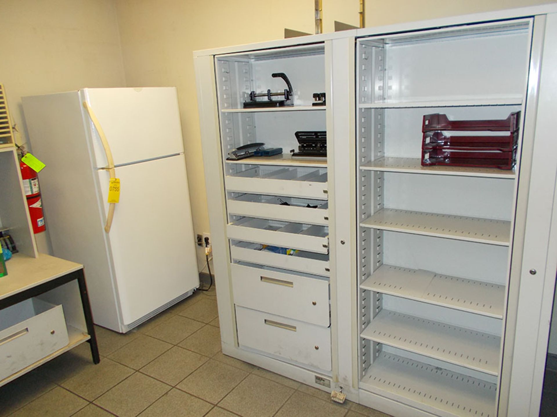 CONTENTS OF ROOM; CABINETS, TABLES, LASER PRINTER, REFRIGERATOR, AND MISC. ITEMS - Image 2 of 2