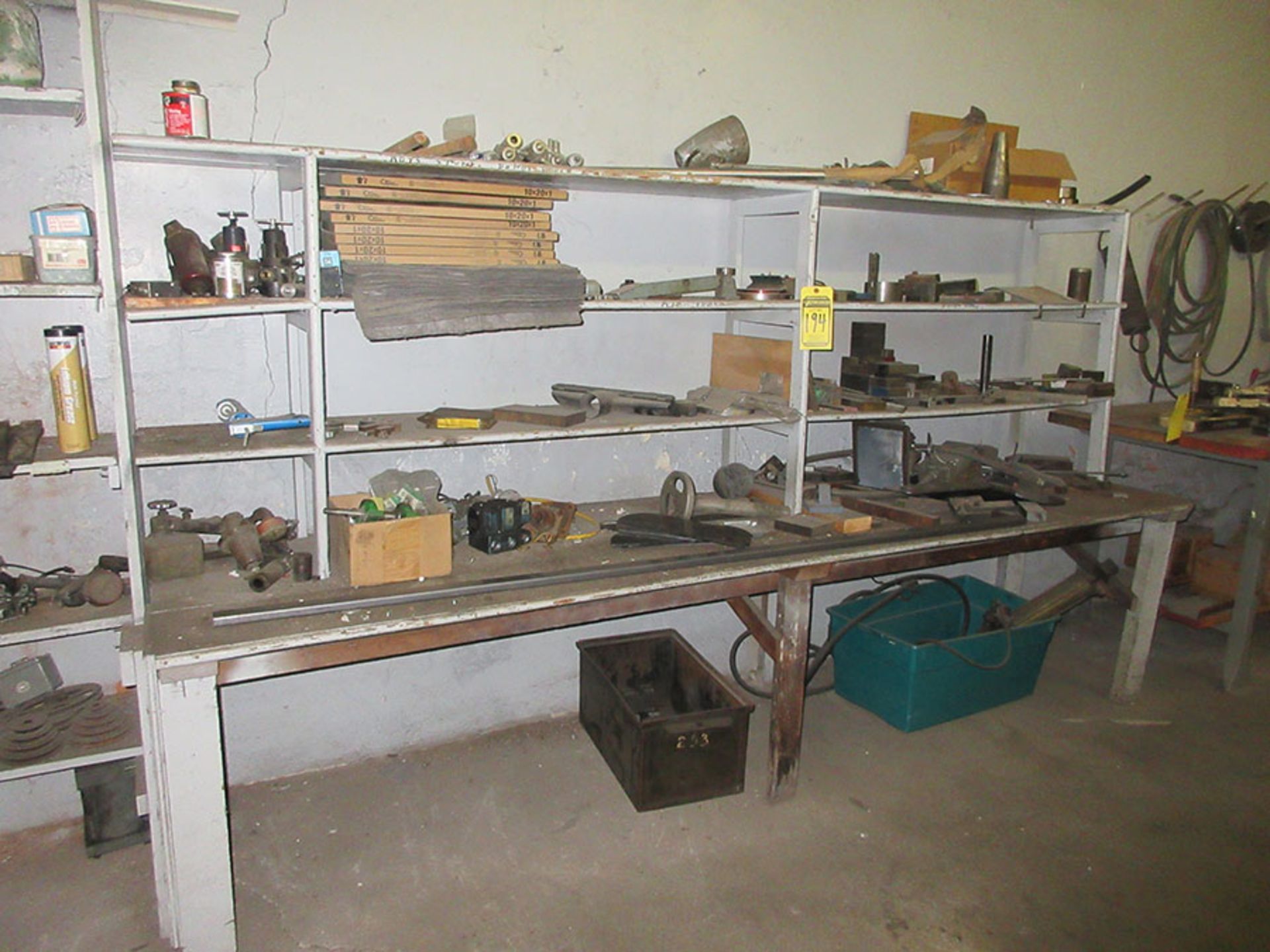 (2) SHELVES OF ASSORTED ITEMS, BENCH OF ASSORTED ITEMS; ELECTRICAL & PLUMBING PARTS