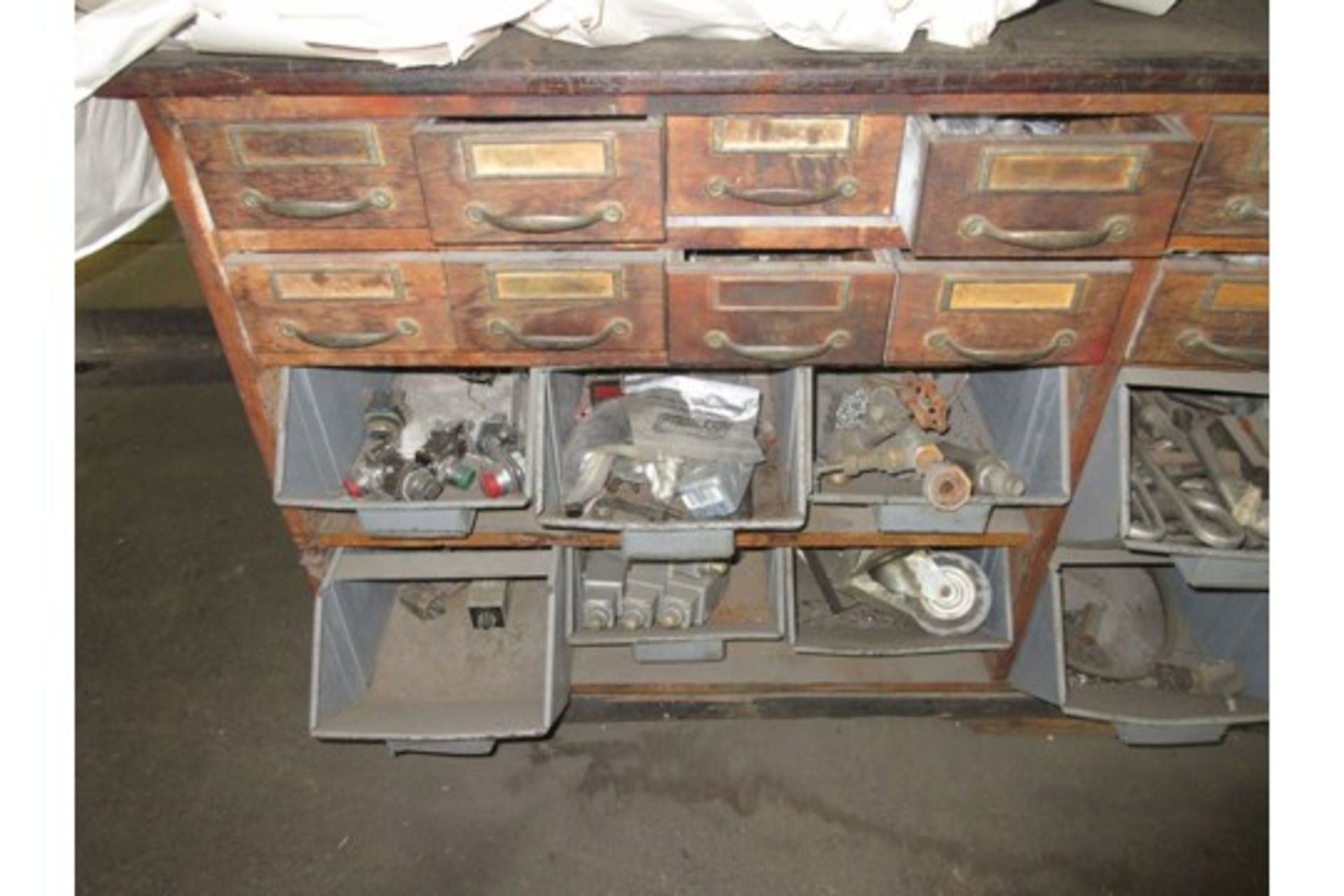 (2) SHELVES OF ASSORTED ITEMS, BENCH OF ASSORTED ITEMS; ELECTRICAL & PLUMBING PARTS - Image 5 of 8