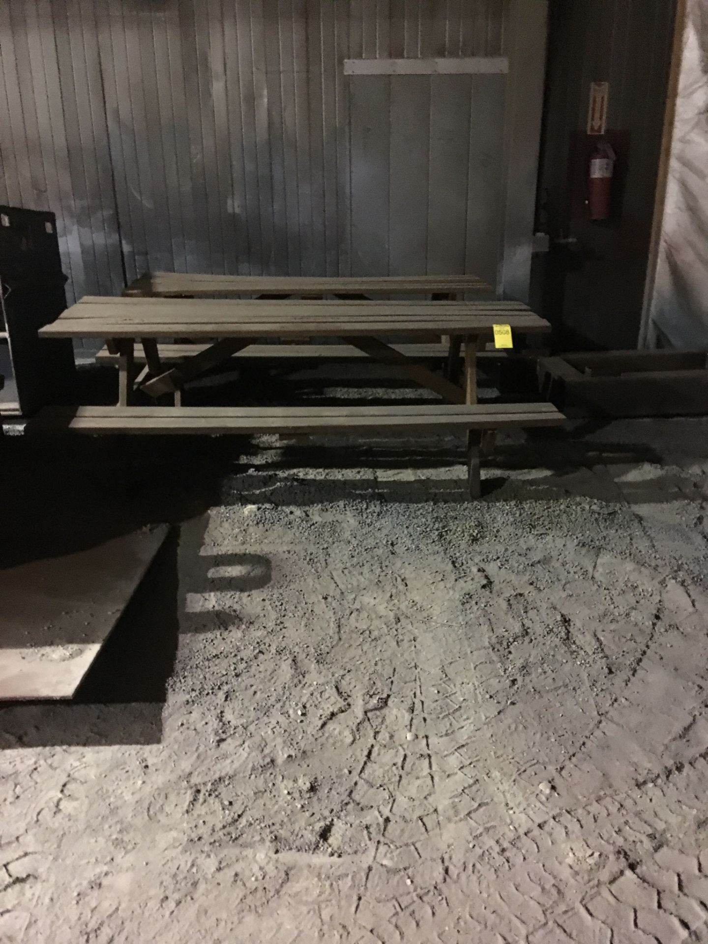 (2) PICNIC TABLES, STEEL PLATE, AND FIXTURE