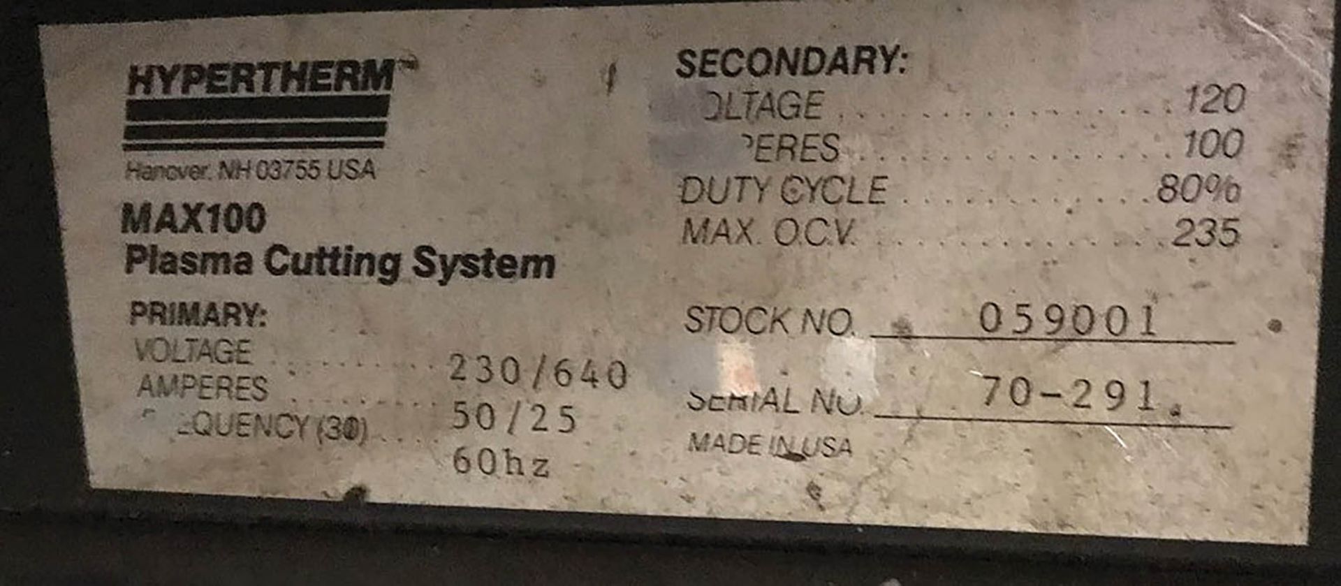 HYPERTHERM 100A PLASMA CUTTING SYSTEM, MODEL MAX100, S/N 70-291, OUTPUT: 120V 235 MAX OCV, 80% - Image 4 of 4