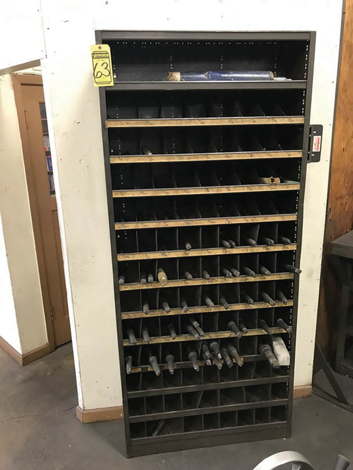 ADJUSTABLE SHELVING UNIT 36'' X 12'' X 84'', W/ CONTENTS OF ASSORTED DRILL BITS