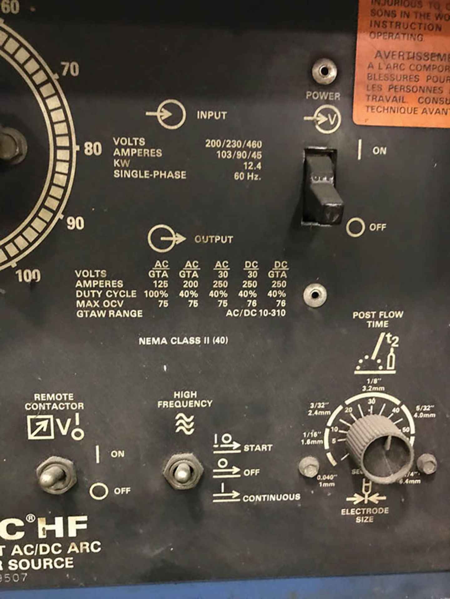 MILLER CC AC/DC ARC WELDER, MODEL DIALARC HF, S/N JF879507, OUTPUT: 125-250A, 10-310 AC/DC GTAW - Image 5 of 7