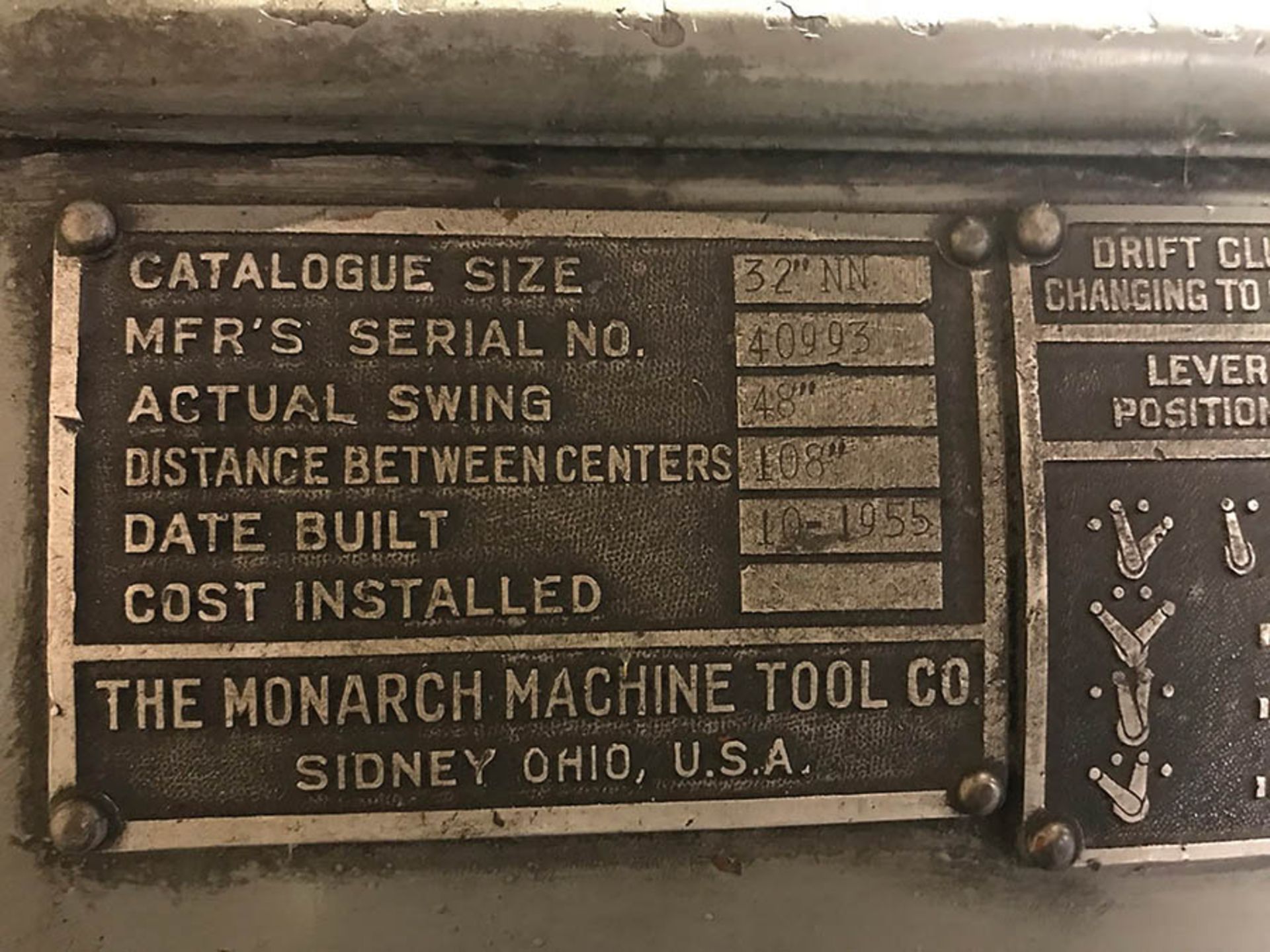 MONARCH ENGINE LATHE, MODEL 32''NN, S/N 40993, 48'' SWING, 108'' BETWEEN CENTERS, 12-606 SPINDLE - Image 9 of 10