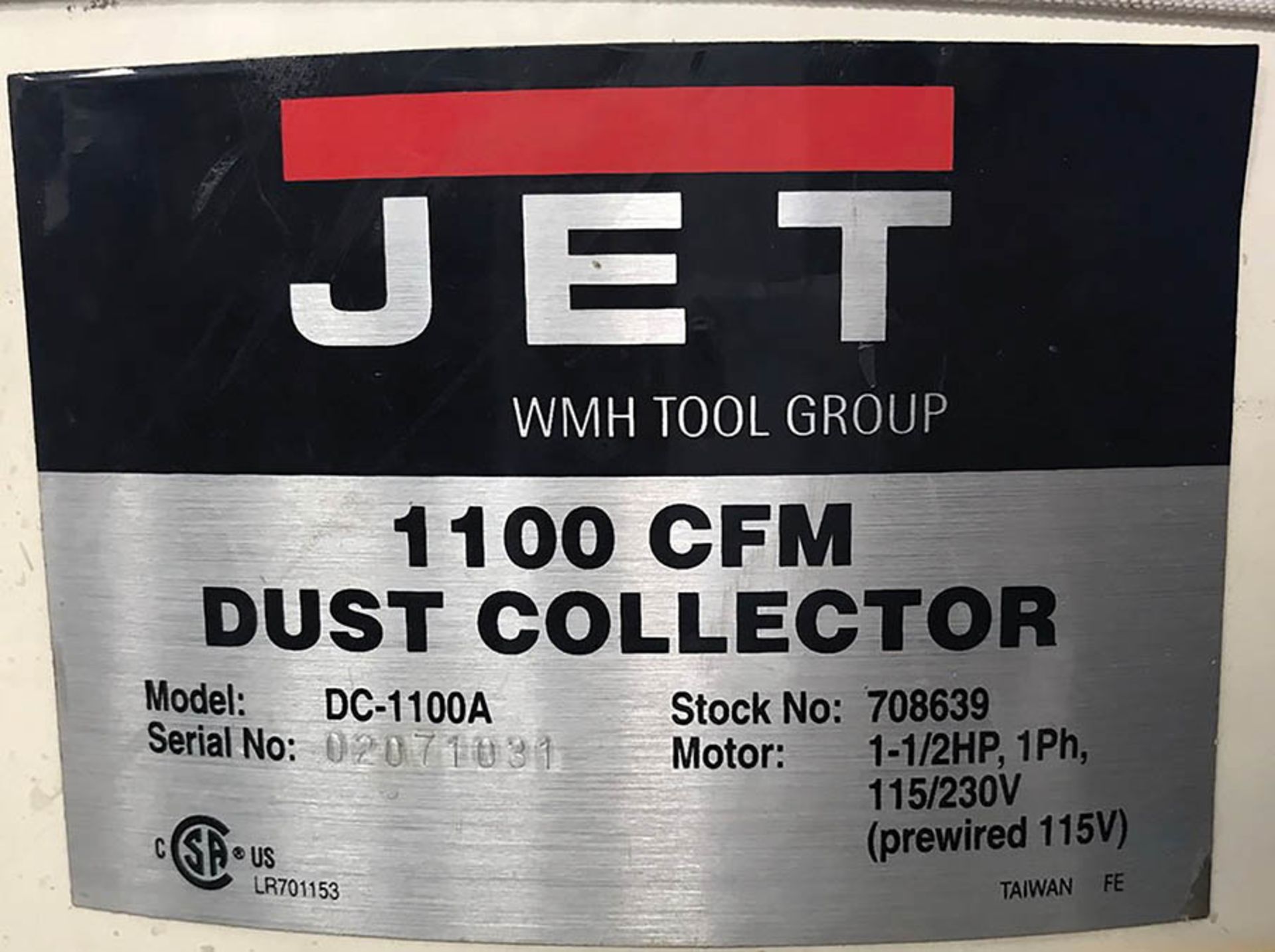 JET PORTABLE DUST COLLECTOR, MODEL DC-110, S/N 2071031, 70 GALLON CAPACITY, 1-1/2 HP BLOWER, 115V, - Image 3 of 4