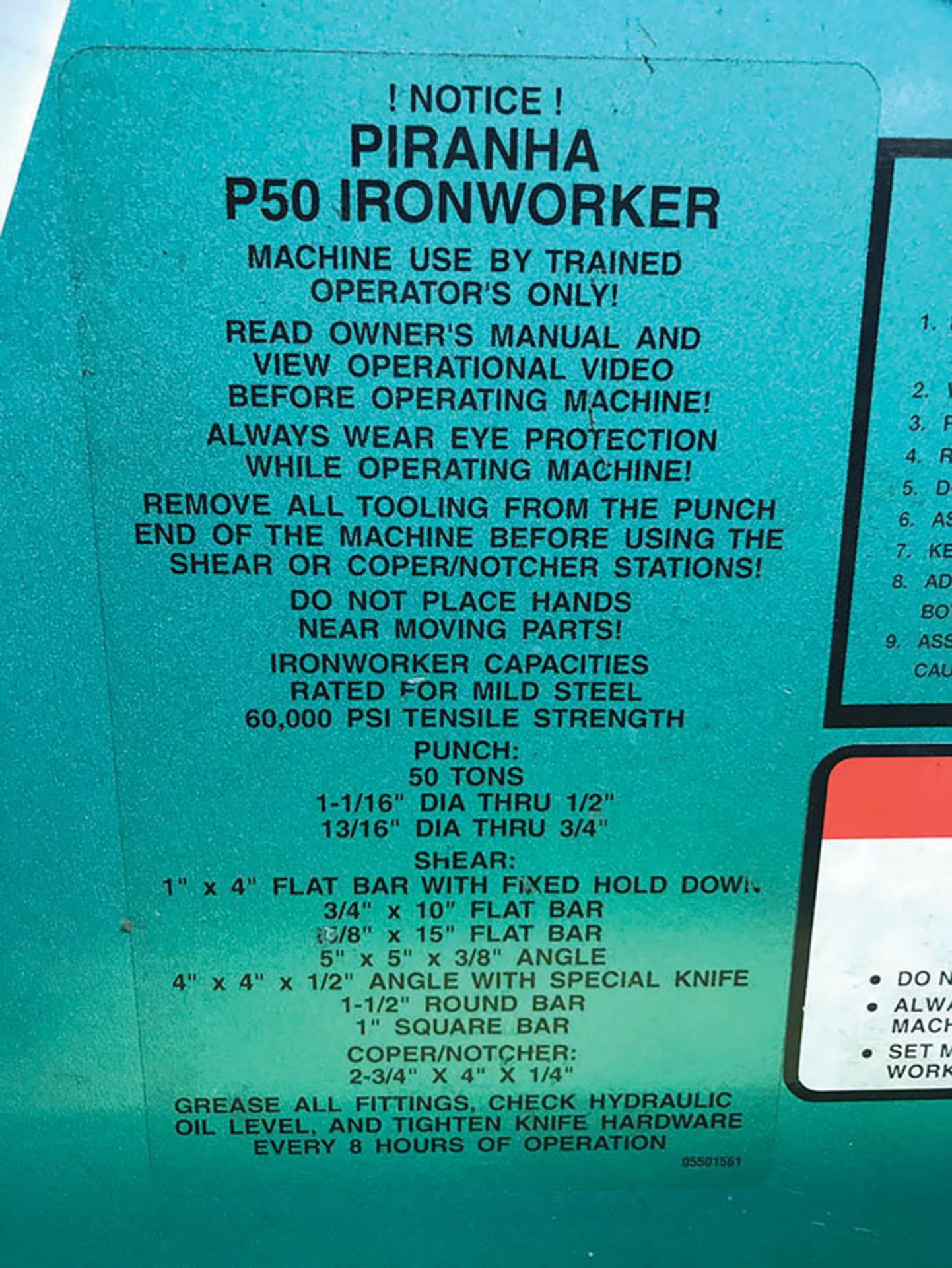 PIRANHA 50-TON IRON WORKER, MODEL P50, S/N P5010739, 3PH W/ ASSORTED PUNCH DIES - Image 5 of 8