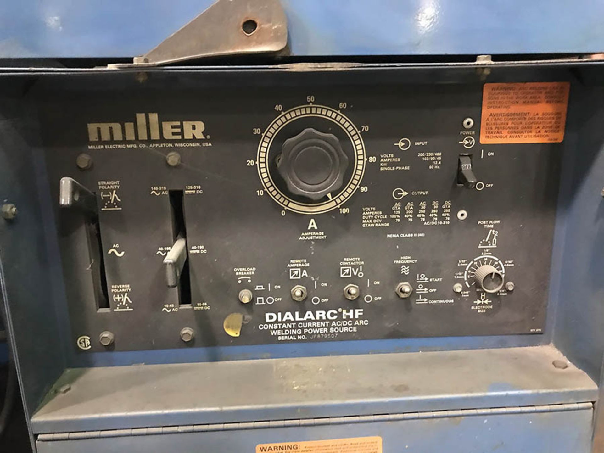 MILLER CC AC/DC ARC WELDER, MODEL DIALARC HF, S/N JF879507, OUTPUT: 125-250A, 10-310 AC/DC GTAW - Image 4 of 7