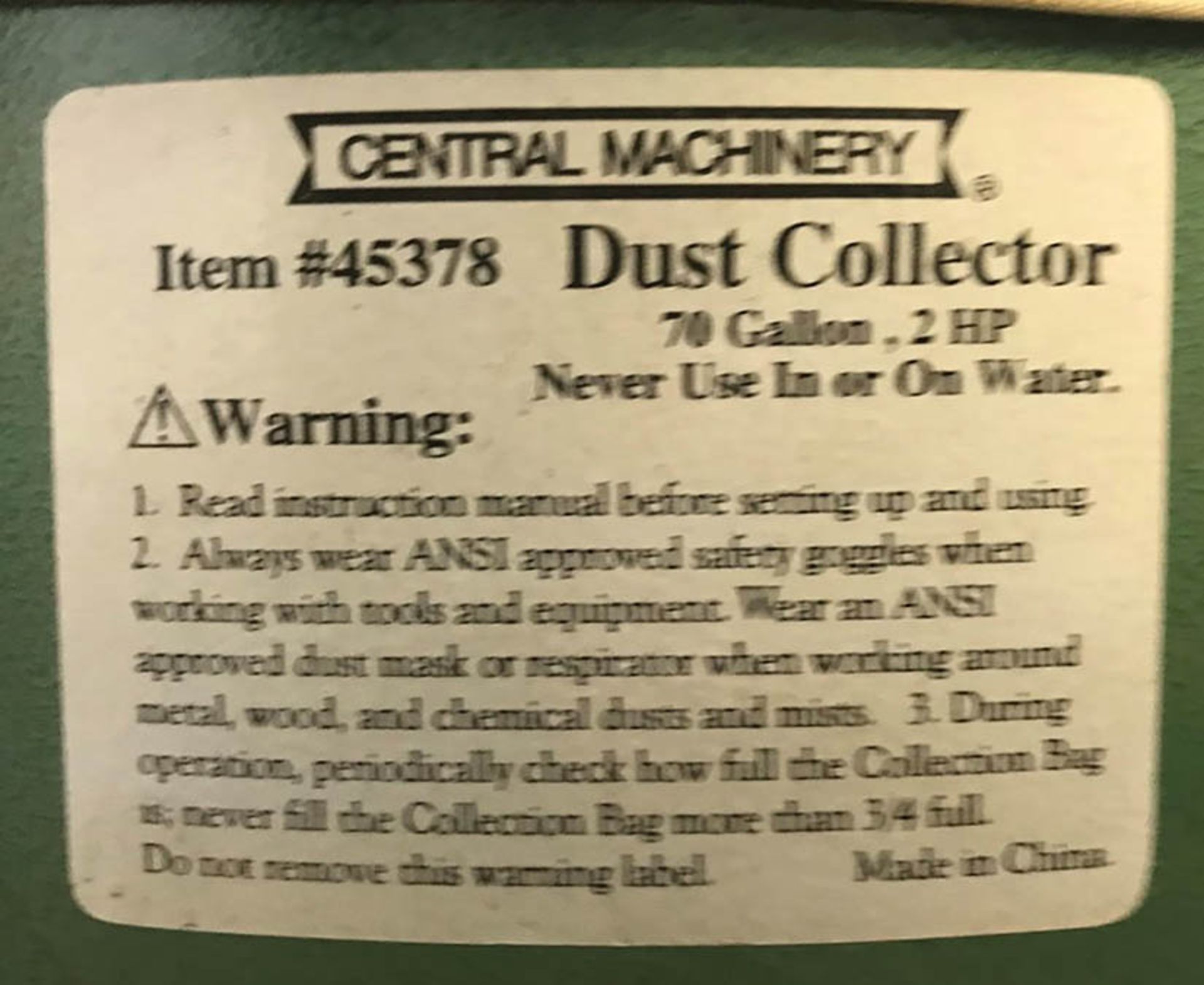 CENTRAL MACHINERY PORTABLE DUST COLLECTOR, MODEL 45378, 70 GALLON CAPACITY, 2 HP BLOWER, 110V, 1PH - Image 3 of 4