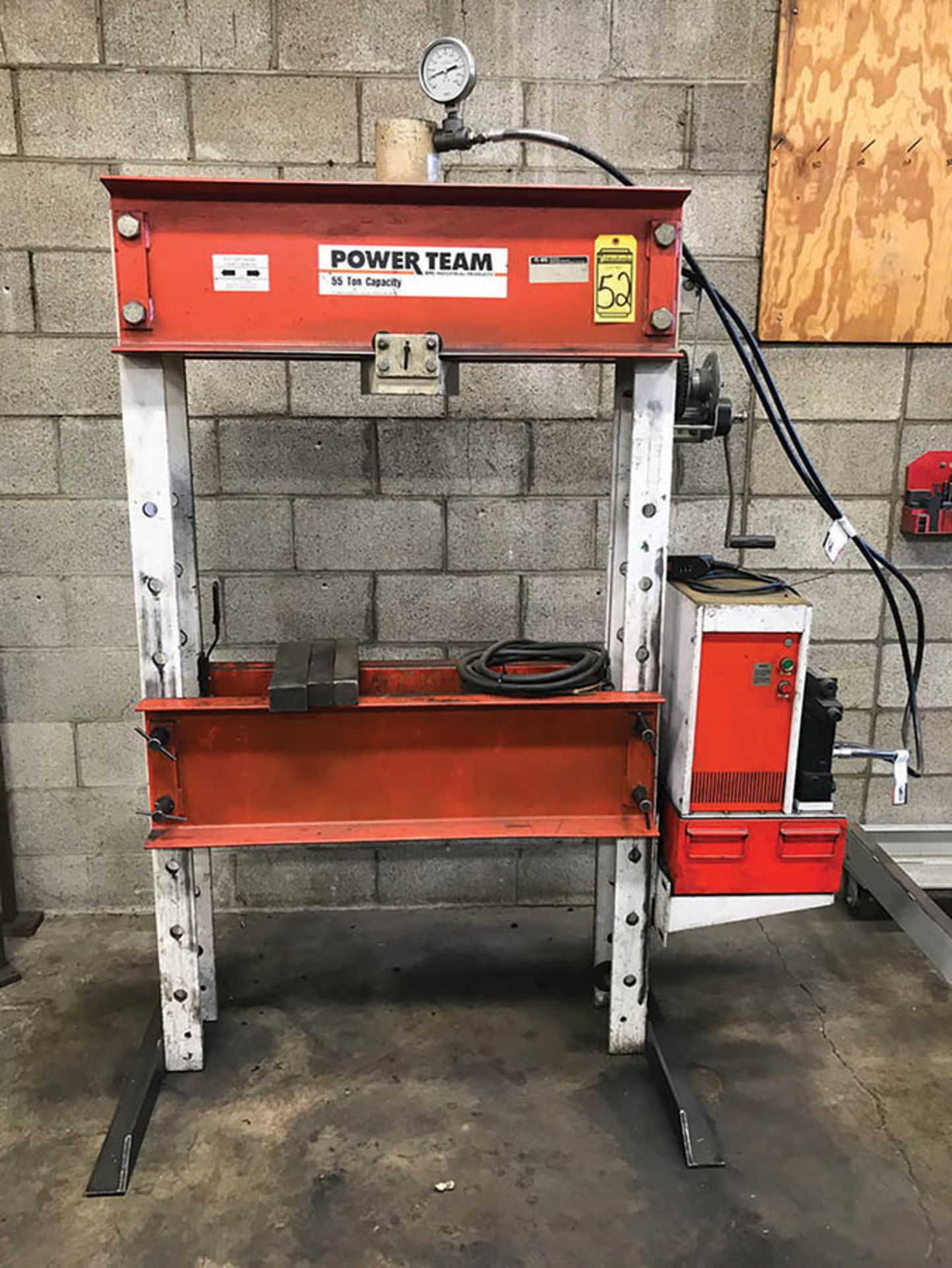 POWERTEAM 55-TON H-FRAME SHOP PRESS, S/N SPE5513DS, 36'' BETWEEN POSTS, 2 HP HYDRAULIC POWER UNIT,