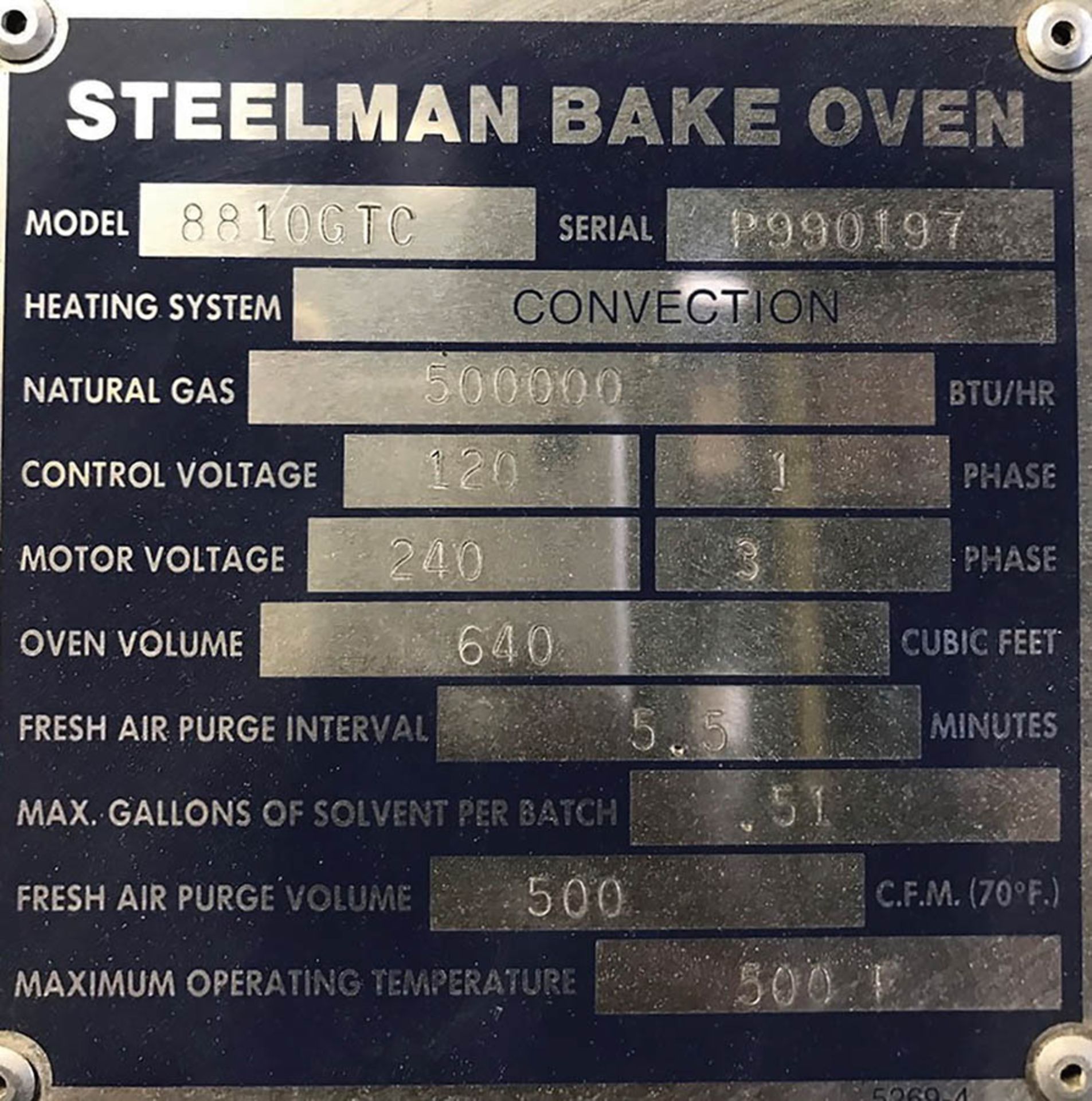 STEELMAN CONVECTION BAKE OVEN, MODEL 8810GTC, S/N P990197, NATURAL GAS, 500,000 BTU/HR, 240V, 3PH, - Image 6 of 6