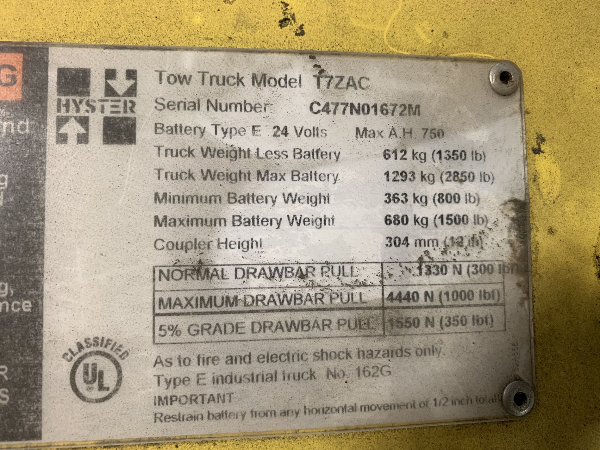 2014 HYSTER ELECTRIC TOW TRACTOR, MOD: T7ZAC, 24 VOLT, WEIGHT: 2,850, COUPLER HEIGHT: 12", 8,616 HRS - Image 6 of 7