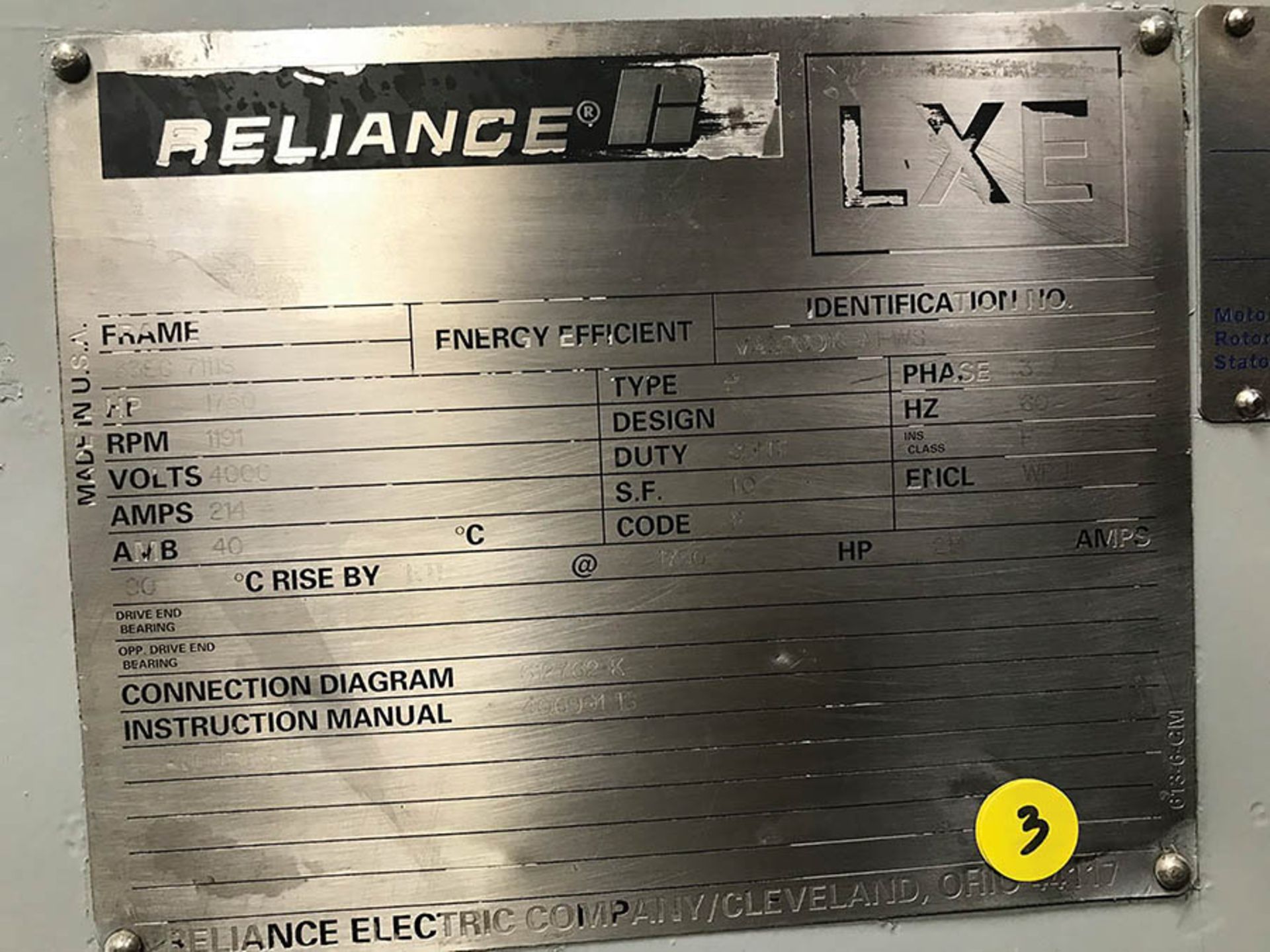 RELIANCE 1750 HP INDUCTION MOTOR, S/N VAQ08016-A1-WS, 1191 RPM, 33EC7111S FRAME, 4000V, 214A, - Image 5 of 5