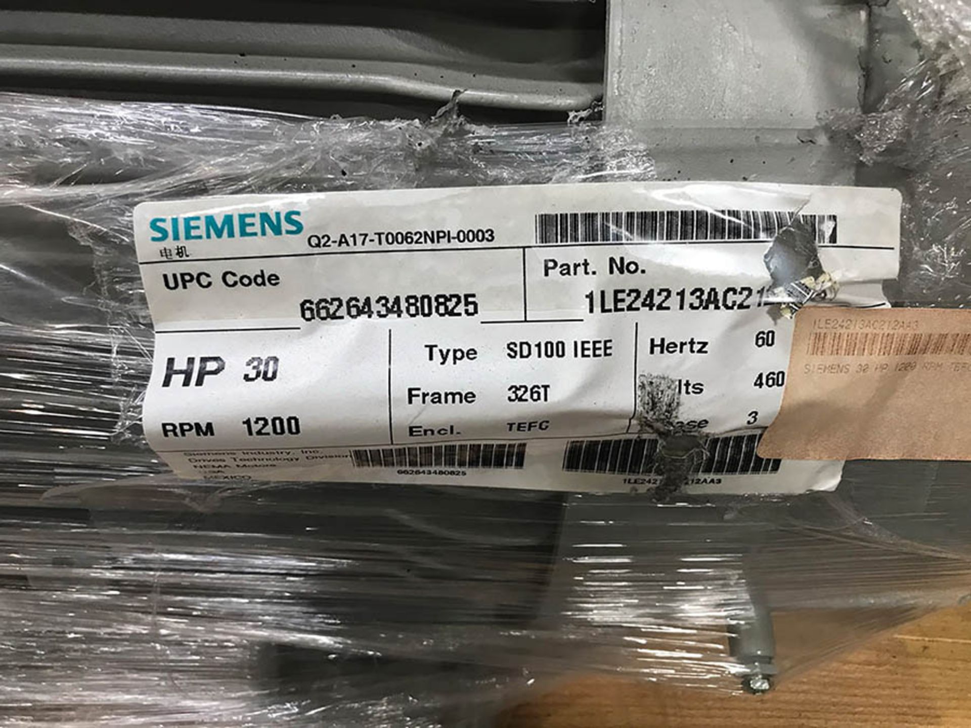 SIEMENS 30 HP MOTOR, MODEL SD100 IEEE, 1200 RPM, 326T FRAME, 460V, 3PH, (NEW) - Image 2 of 2