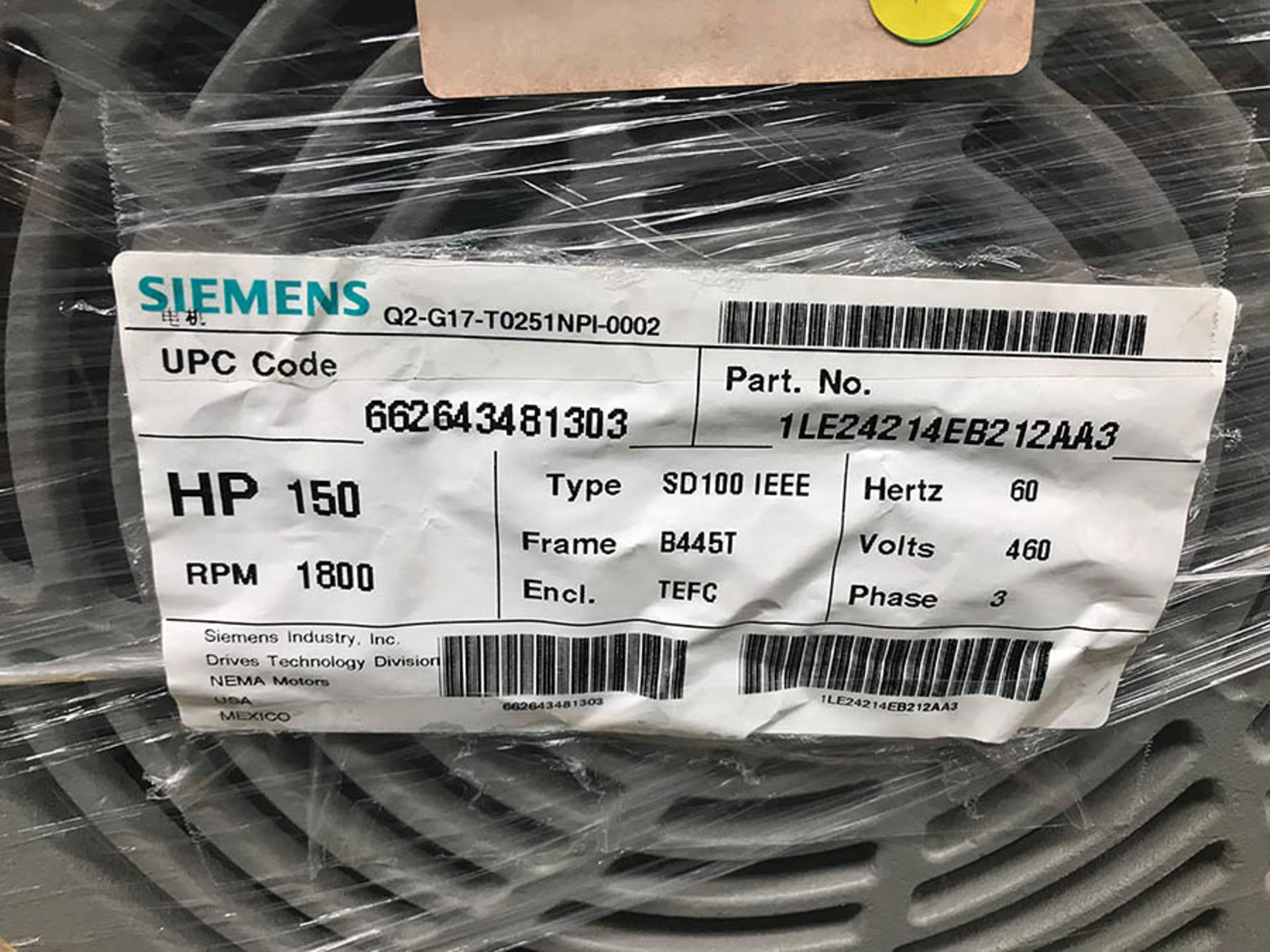 SIEMENS 150 HP MOTOR, MODEL SD100 IEEE, 1800 RPM, B445T FRAME, 460V, 3PH, (NEW) - Image 2 of 2