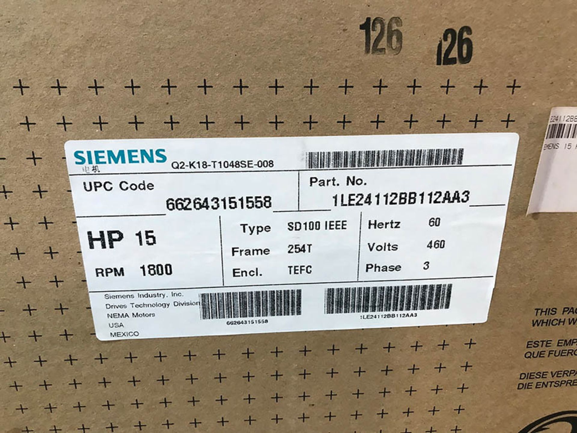 SIEMENS 15 HP MOTOR, MODEL SD100 IEEE, 1800 RPM, 254T FRAME, 460V, 3PH, (NEW) - Image 3 of 3