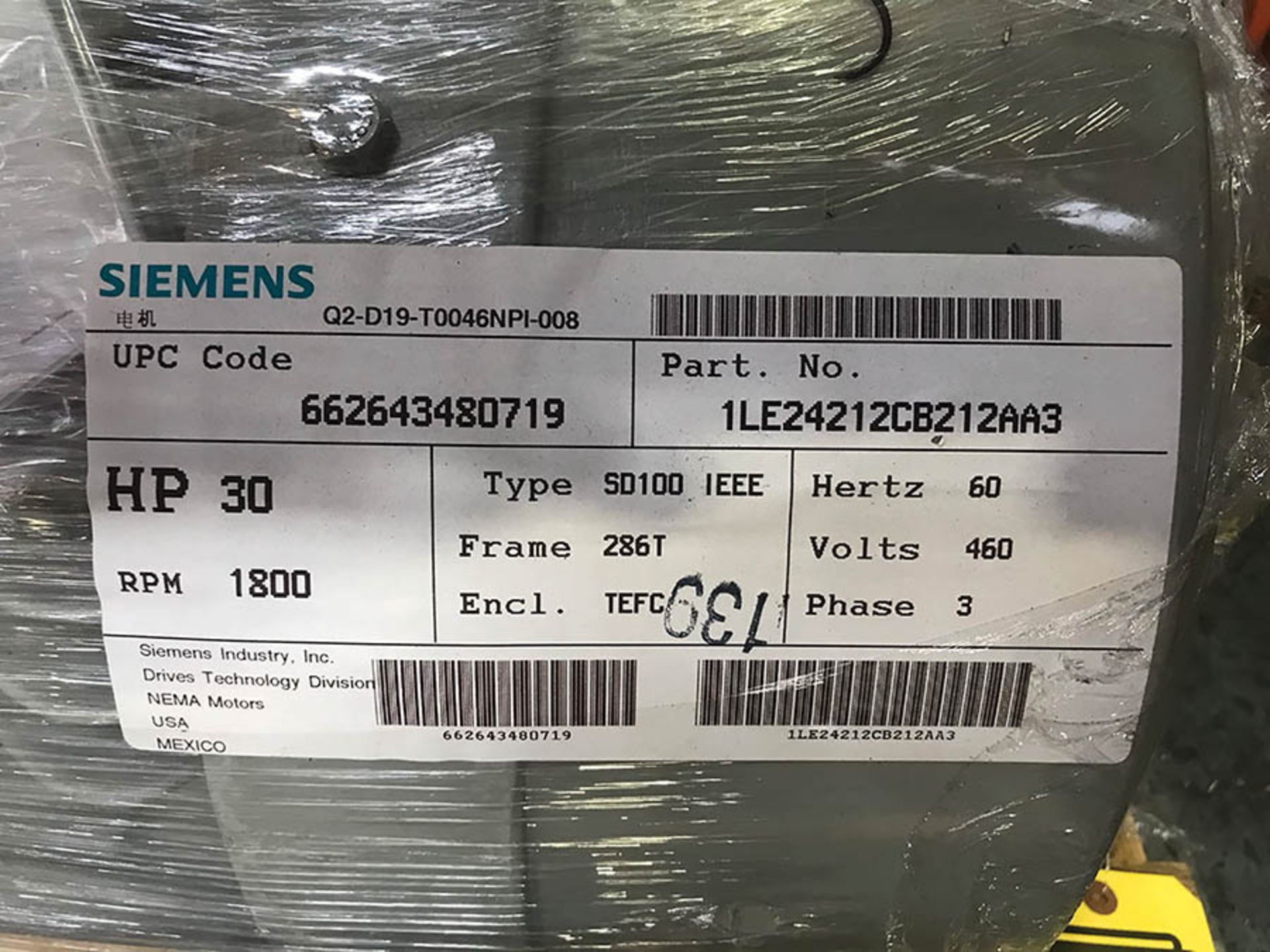 SIEMENS 30 HP MOTOR, MODEL SD100 IEEE, 1800 RPM, 286T FRAME, 460V, 3PH, (NEW) - Image 2 of 2