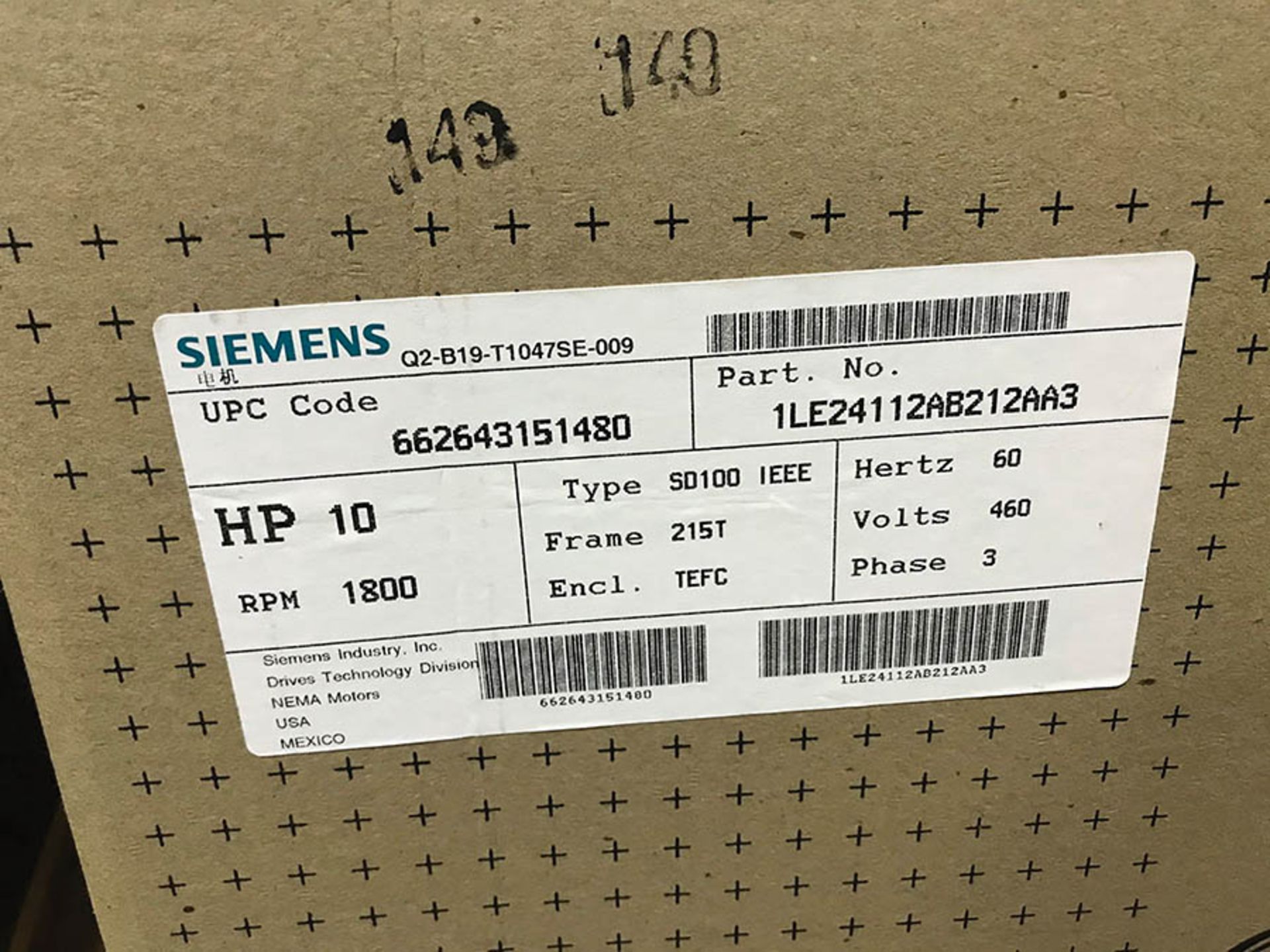 SIEMENS 10 HP MOTOR, MODEL SD100 IEEE, 1800 RPM, 215T FRAME, 460V, 3PH, (NEW) - Image 2 of 2