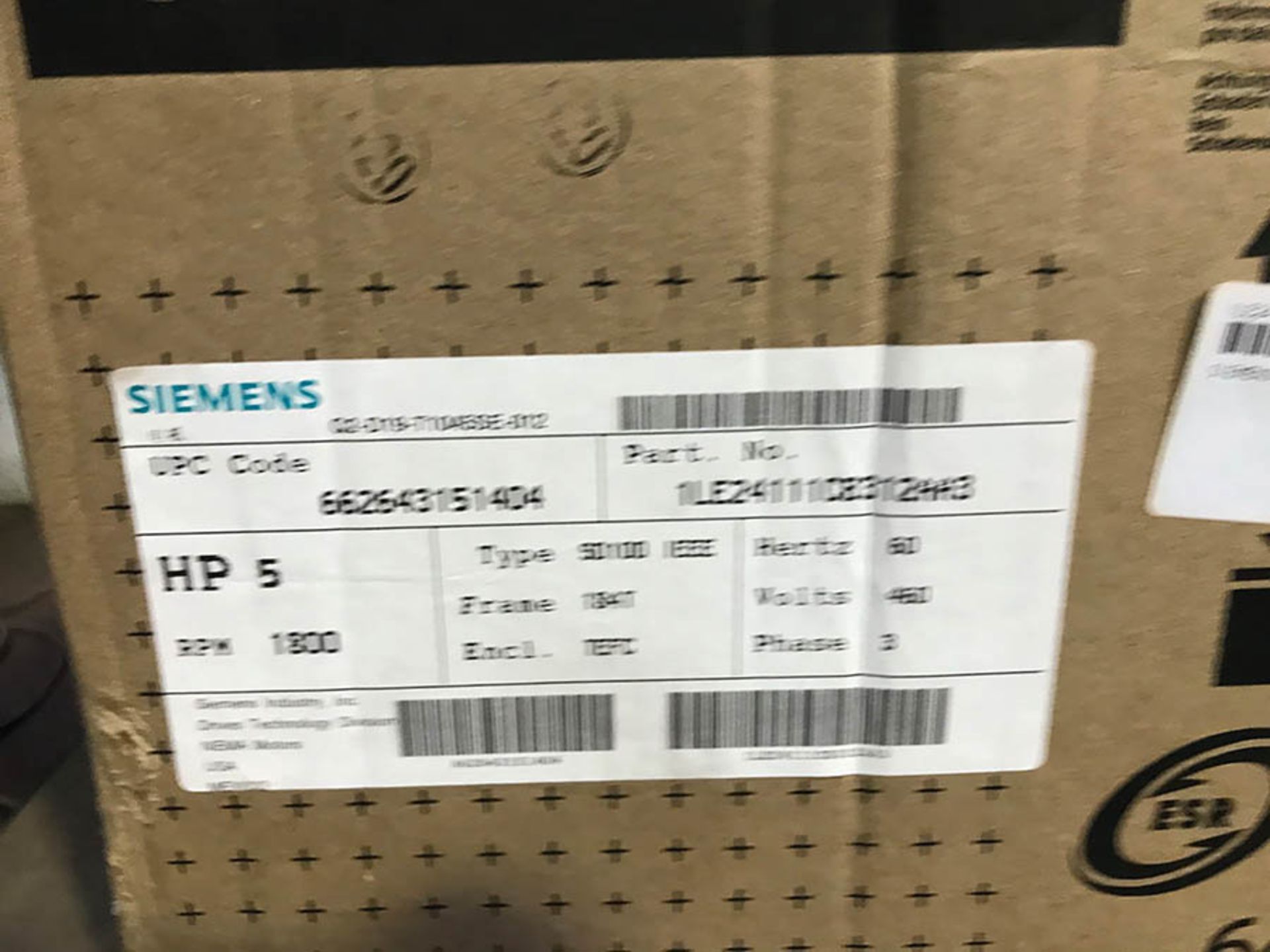 (X2) SIEMENS 5 HP MOTORS, MODEL SD100 IEEE, 1800 RPM, 184T FRAME, 460V, 3PH, (NEW) - Image 2 of 3