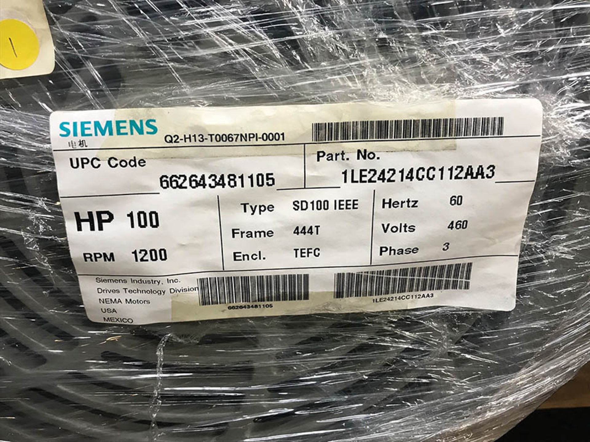 SIEMENS100 HP MOTOR, MODEL SD100 IEEE, 1200 RPM, 444T FRAME, 460V, 3PH, (NEW) - Image 2 of 2